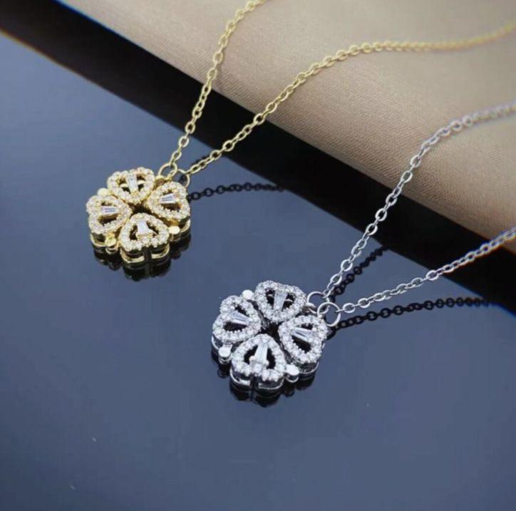 Retro Magnetic Folding Heart Shaped Four Leaf Clover Pendant Necklace Women Love Clavicle Chain Gifts Openable Choker Jewelry - Clothes For Her Online Store