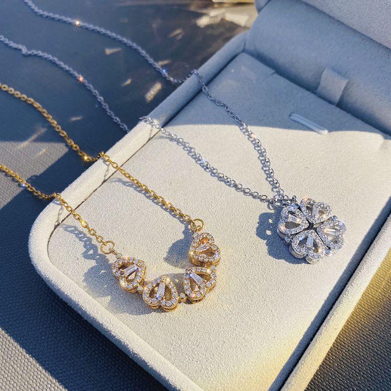 Retro Magnetic Folding Heart Shaped Four Leaf Clover Pendant Necklace Women Love Clavicle Chain Gifts Openable Choker Jewelry - Clothes For Her Online Store