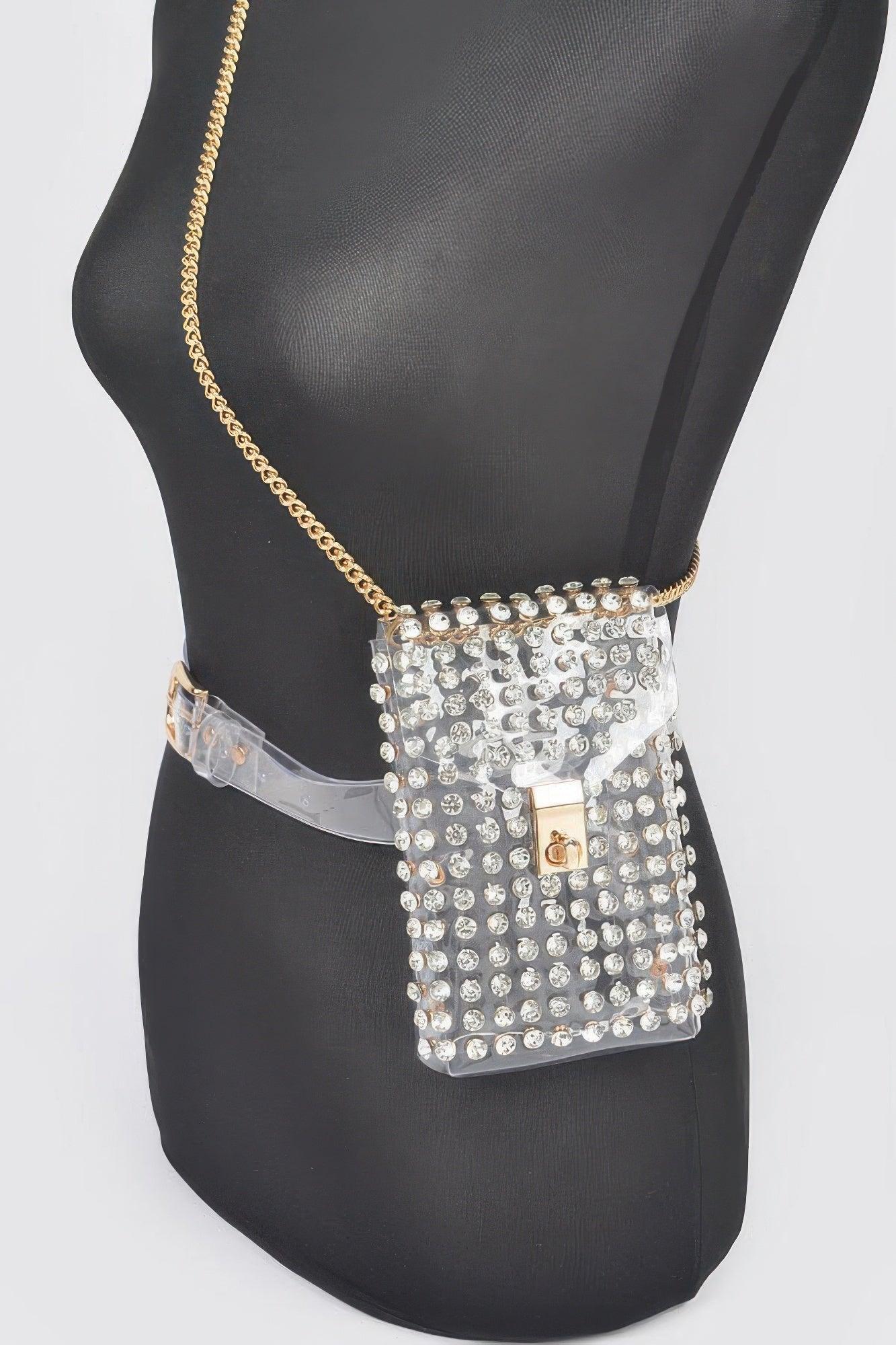 Rhinestone Clear Belt Bag W/chain - Clothes For Her Online Store