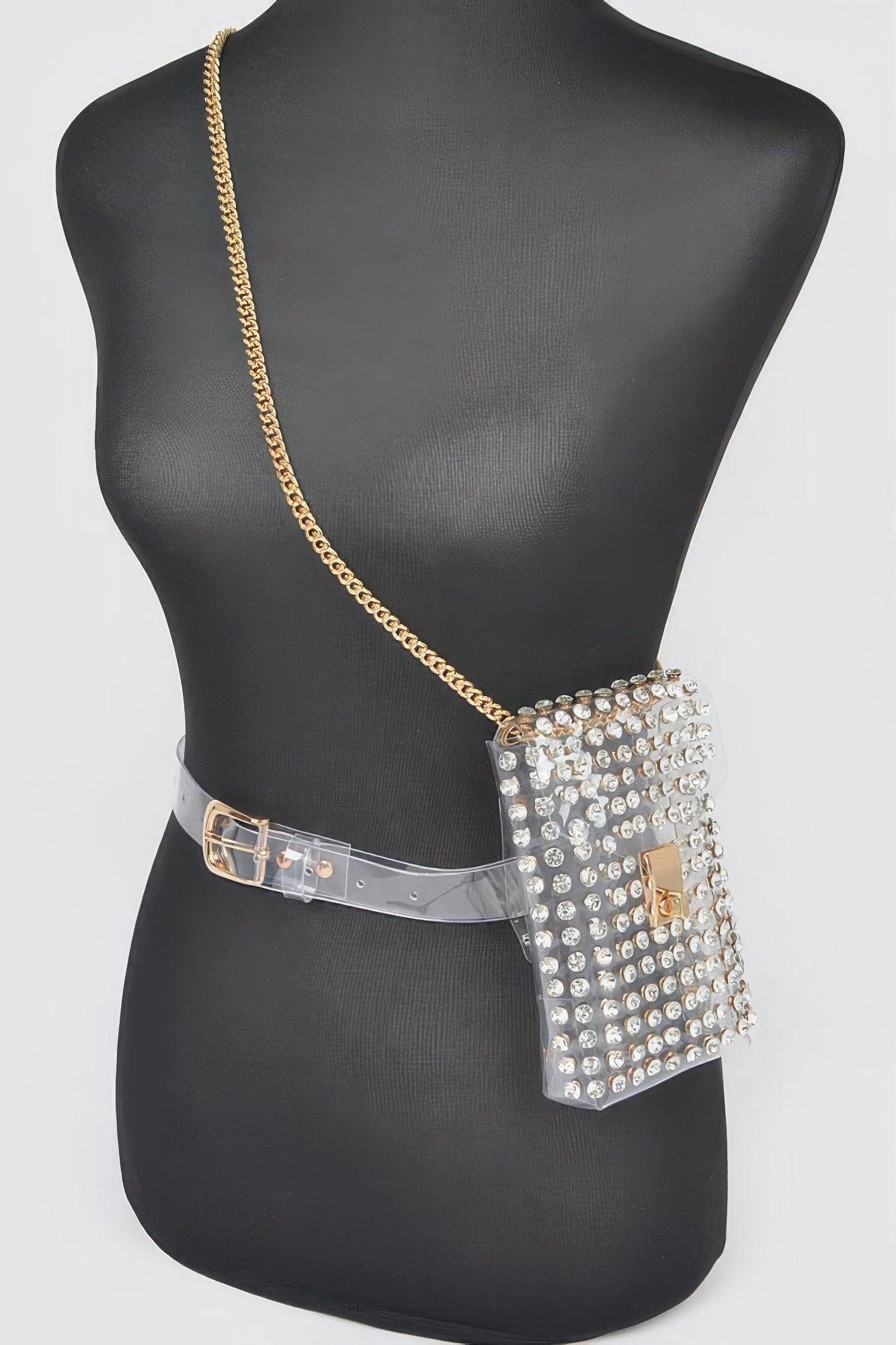 Rhinestone Clear Belt Bag W/chain - Clothes For Her Online Store