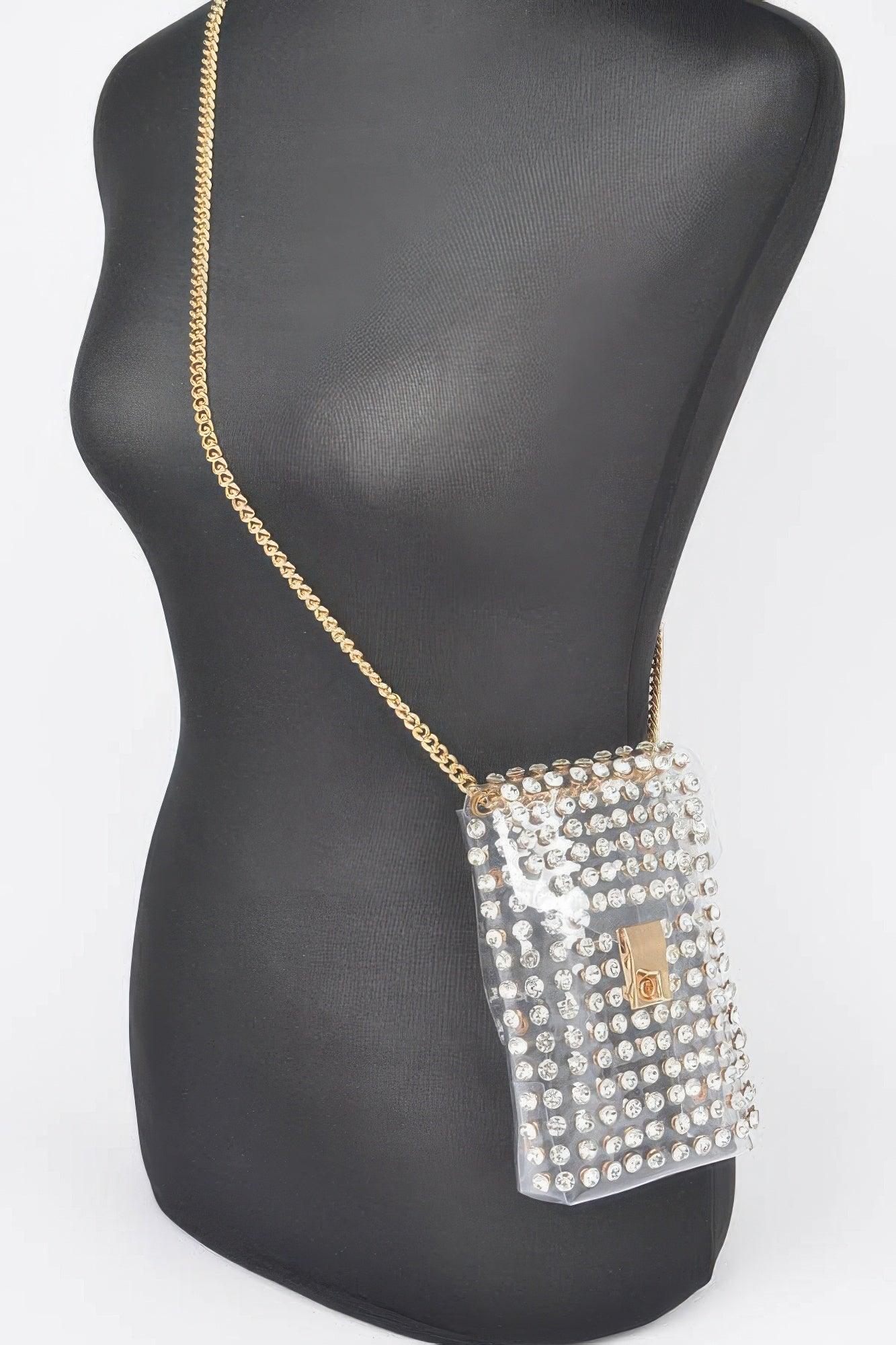 Rhinestone Clear Belt Bag W/chain - Clothes For Her Online Store