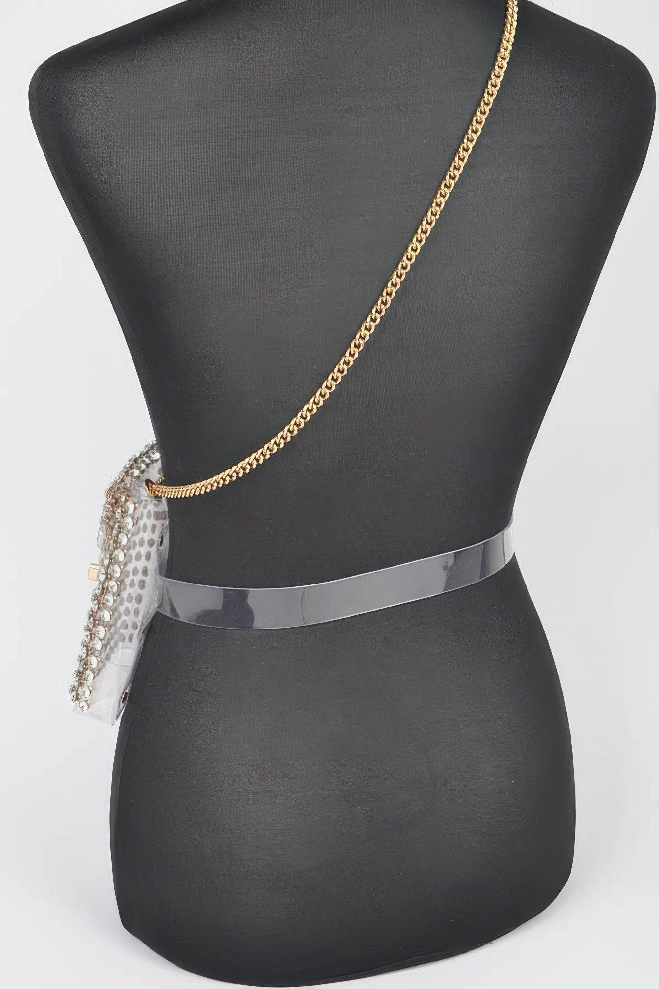 Rhinestone Clear Belt Bag W/chain - Clothes For Her Online Store