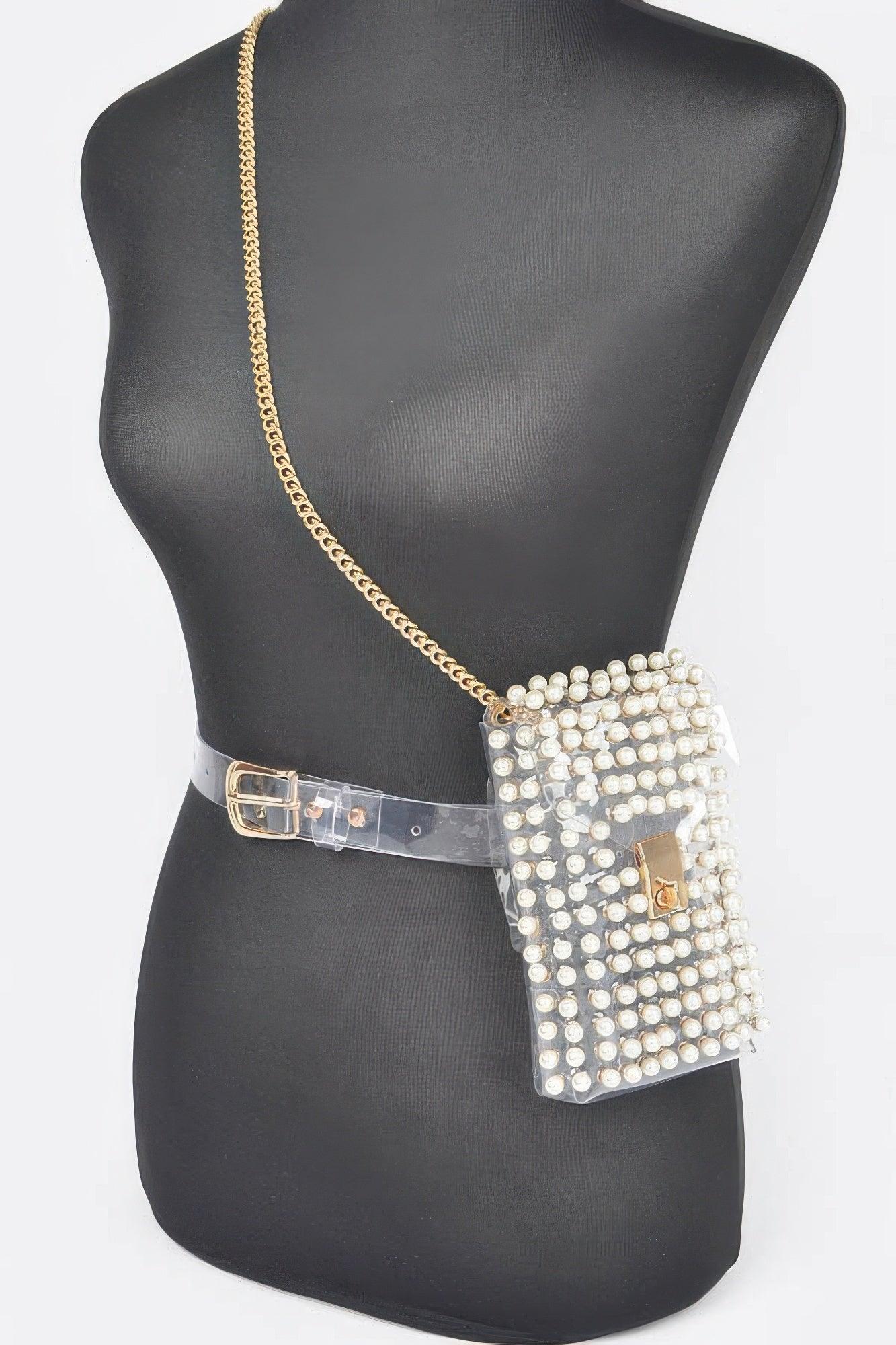 Rhinestone Clear Belt Bag W/chain - Clothes For Her Online Store