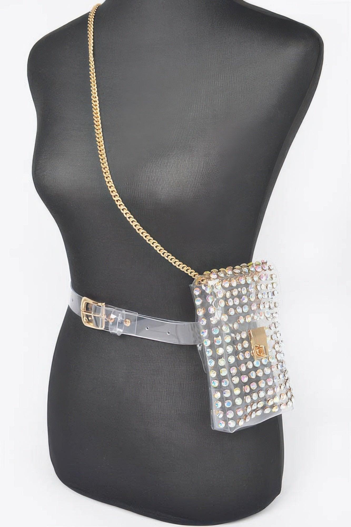 Rhinestone Clear Belt Bag W/chain - Clothes For Her Online Store