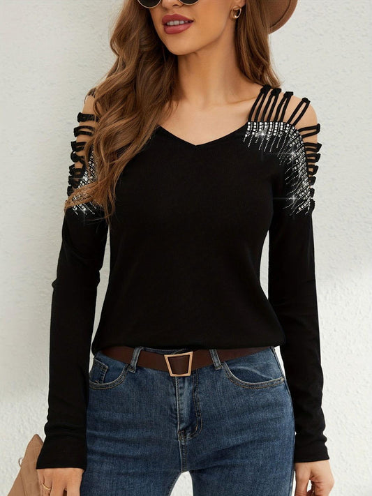 Rhinestone Cutout Long Sleeve T-Shirt - Clothes For Her Online Store