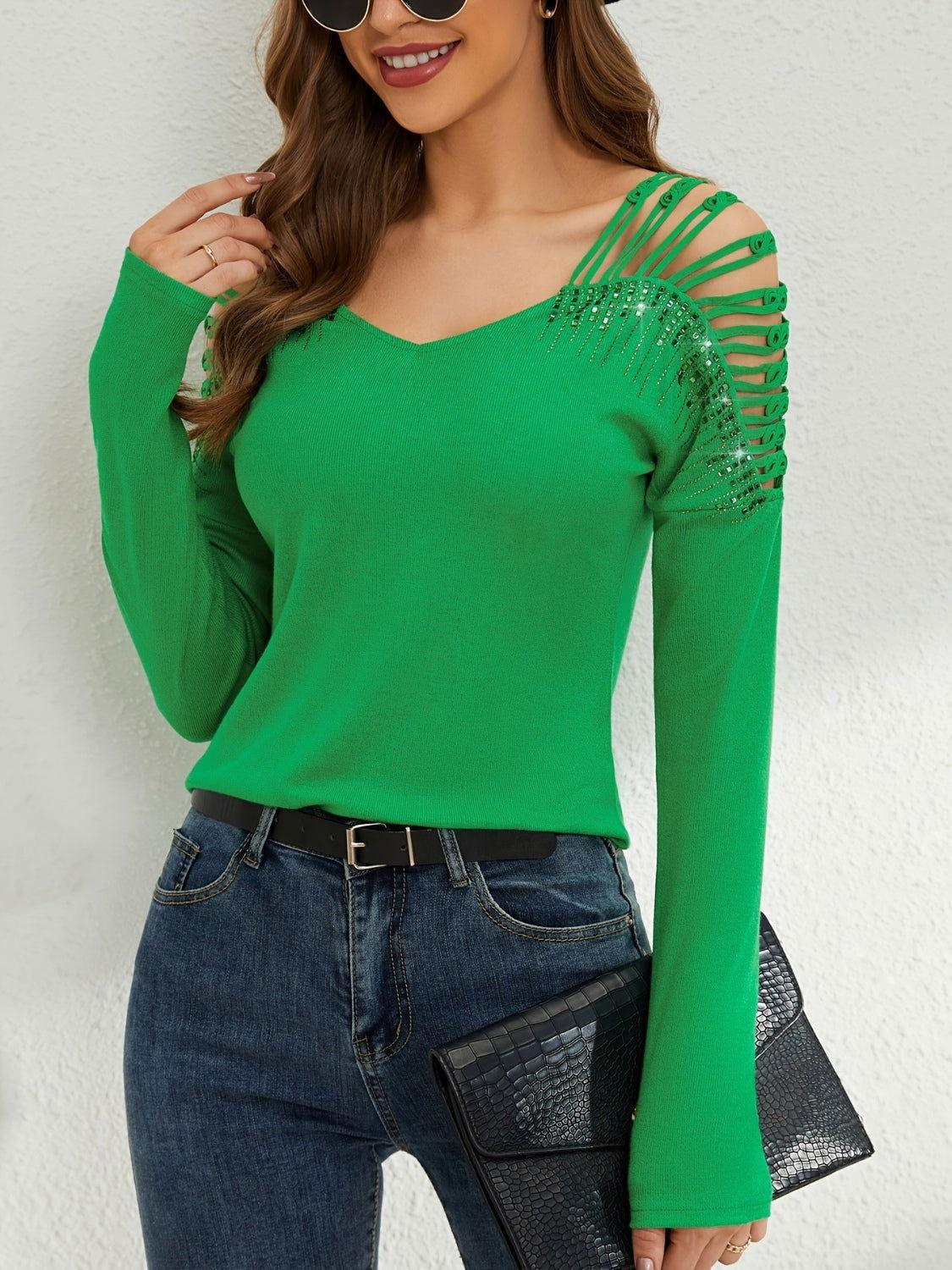 Rhinestone Cutout Long Sleeve T-Shirt - Clothes For Her Online Store