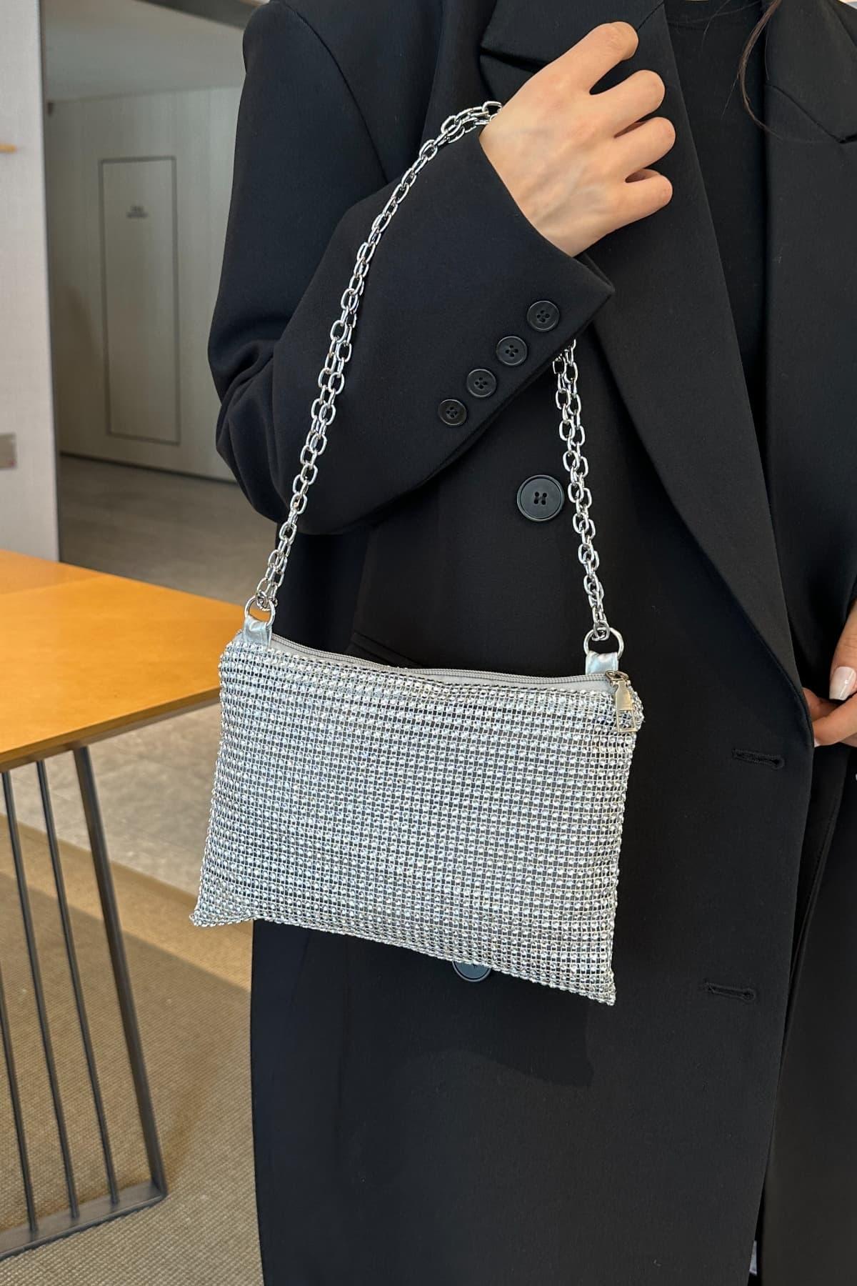 Rhinestone Polyester Chain Crossbody Bag - Clothes For Her Online Store