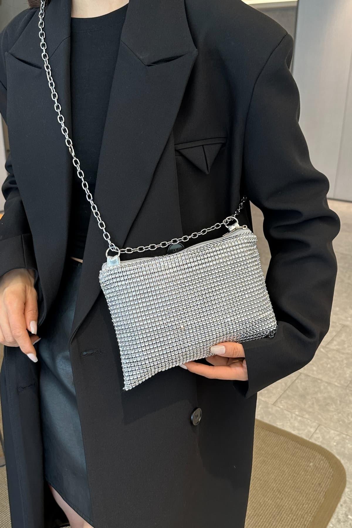 Rhinestone Polyester Chain Crossbody Bag - Clothes For Her Online Store