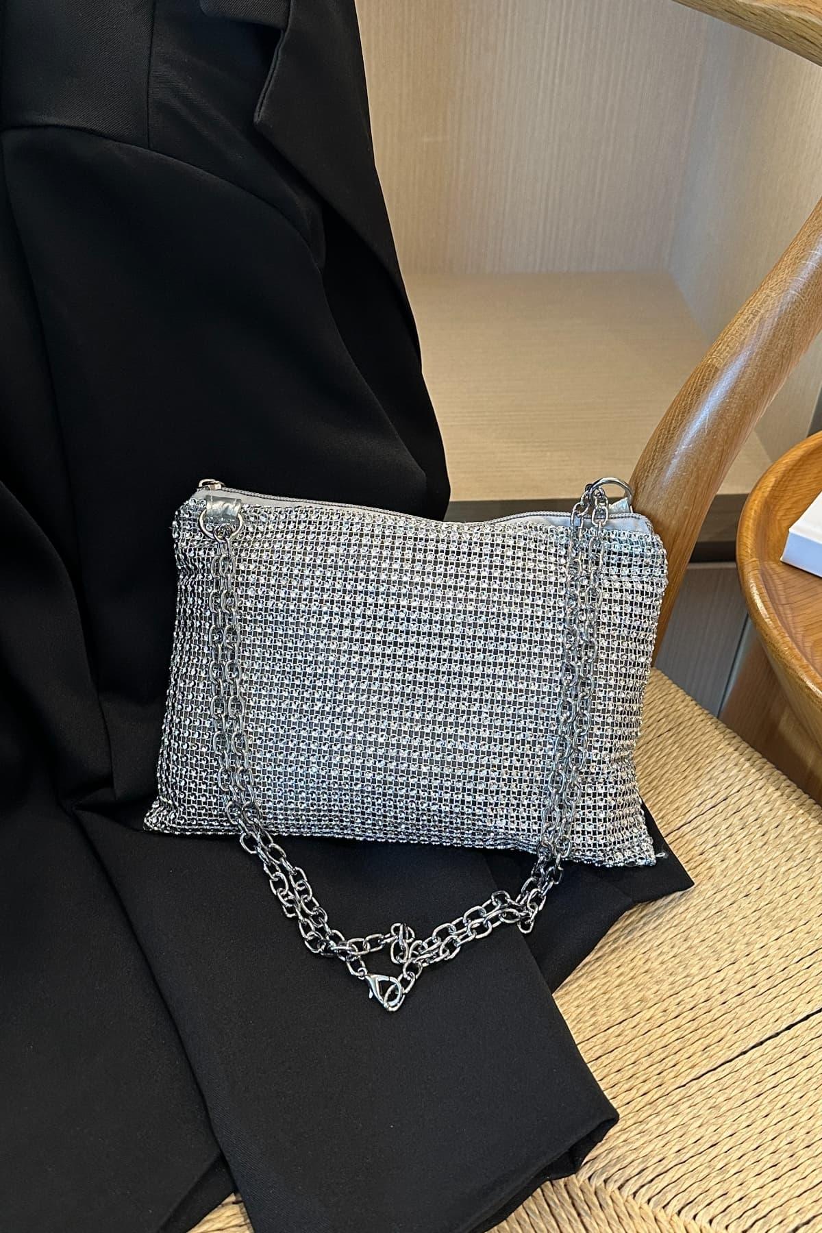 Rhinestone Polyester Chain Crossbody Bag - Clothes For Her Online Store