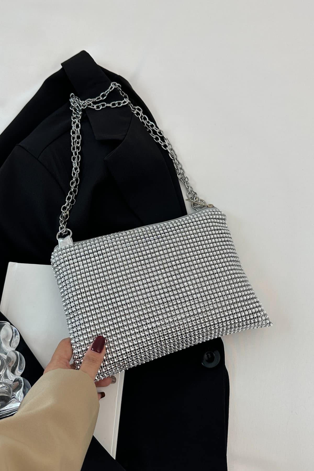 Rhinestone Polyester Chain Crossbody Bag - Clothes For Her Online Store