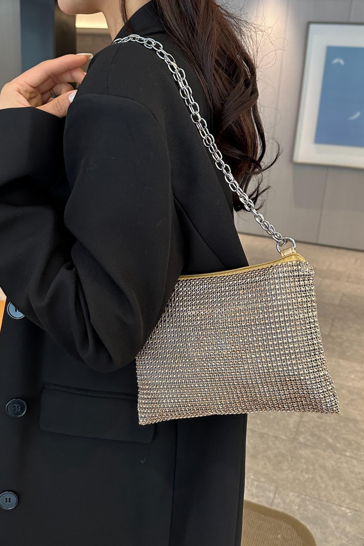 Rhinestone Polyester Chain Crossbody Bag - Clothes For Her Online Store