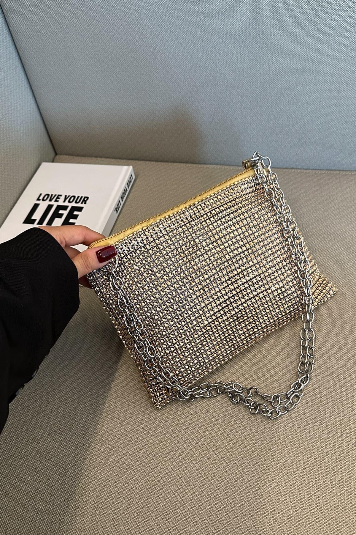 Rhinestone Polyester Chain Crossbody Bag - Clothes For Her Online Store