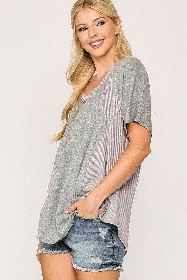 Rib Knit Mixed Dolman Sleeve Top With Round Hem - Clothes For Her Online Store