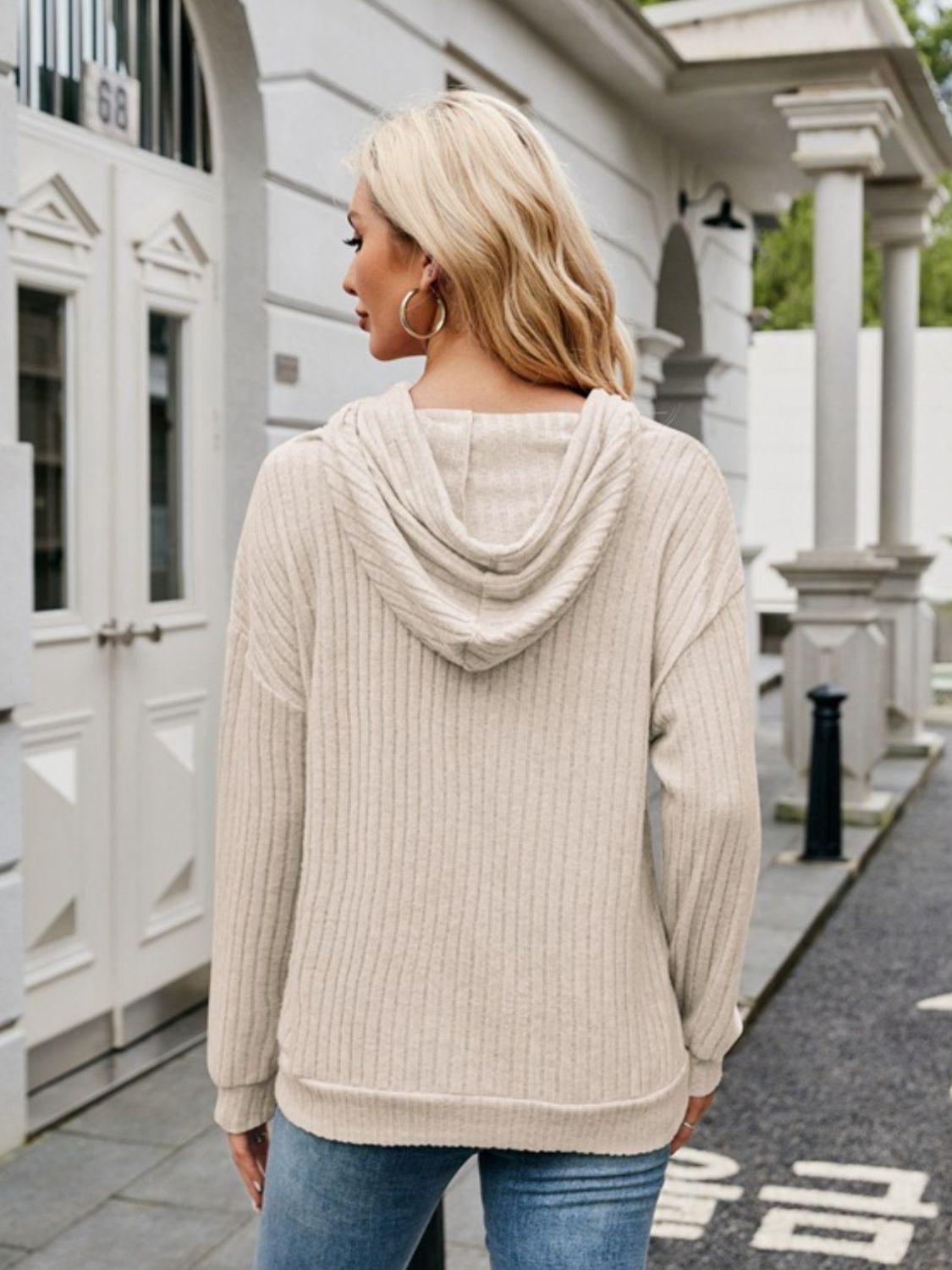 Ribbed Drawstring Long Sleeve Hoodie - Clothes For Her Online Store