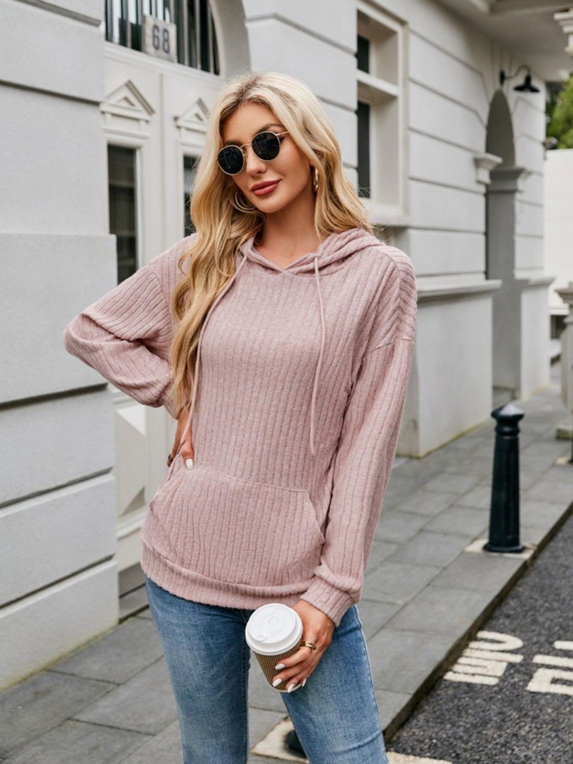Ribbed Drawstring Long Sleeve Hoodie - Clothes For Her Online Store