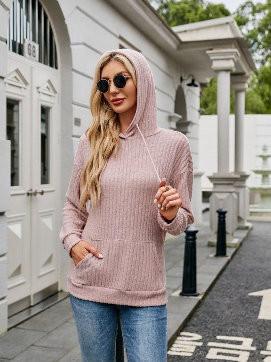 Ribbed Drawstring Long Sleeve Hoodie - Clothes For Her Online Store