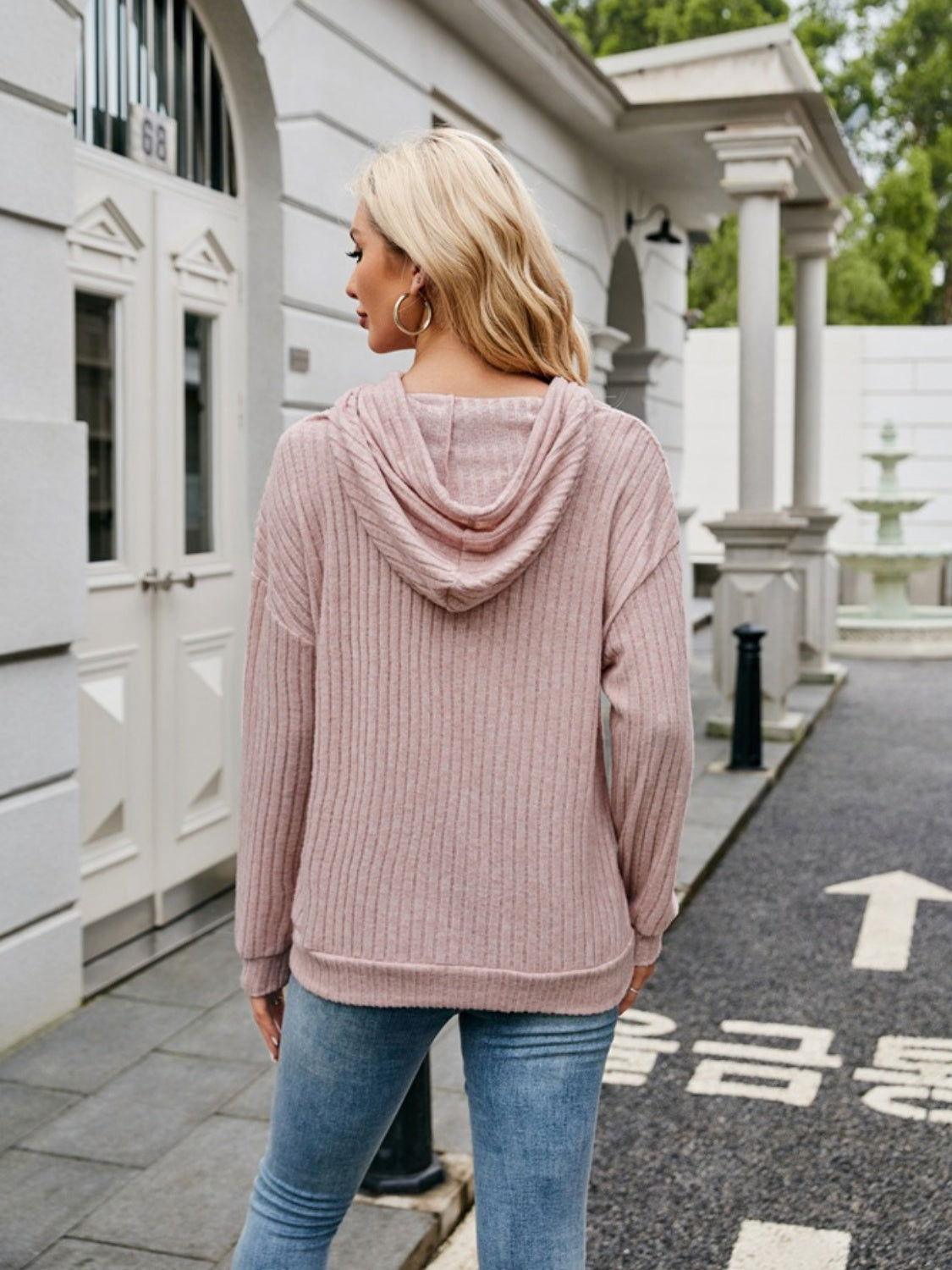Ribbed Drawstring Long Sleeve Hoodie - Clothes For Her Online Store