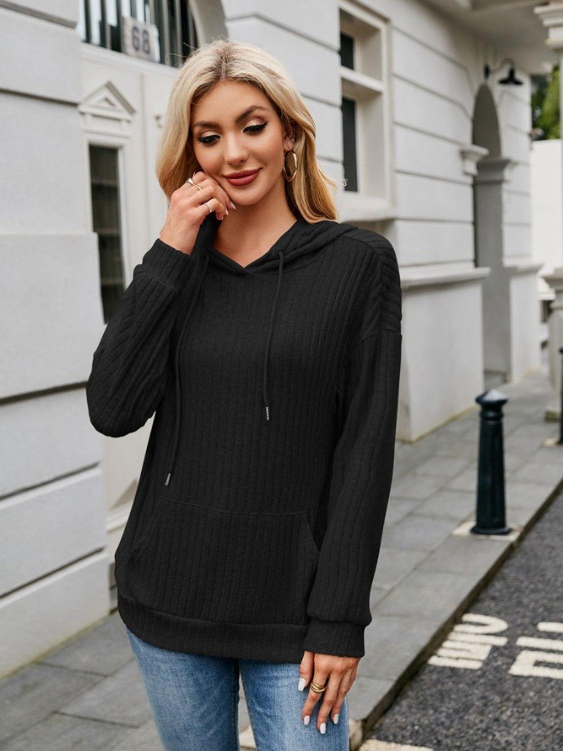 Ribbed Drawstring Long Sleeve Hoodie - Clothes For Her Online Store