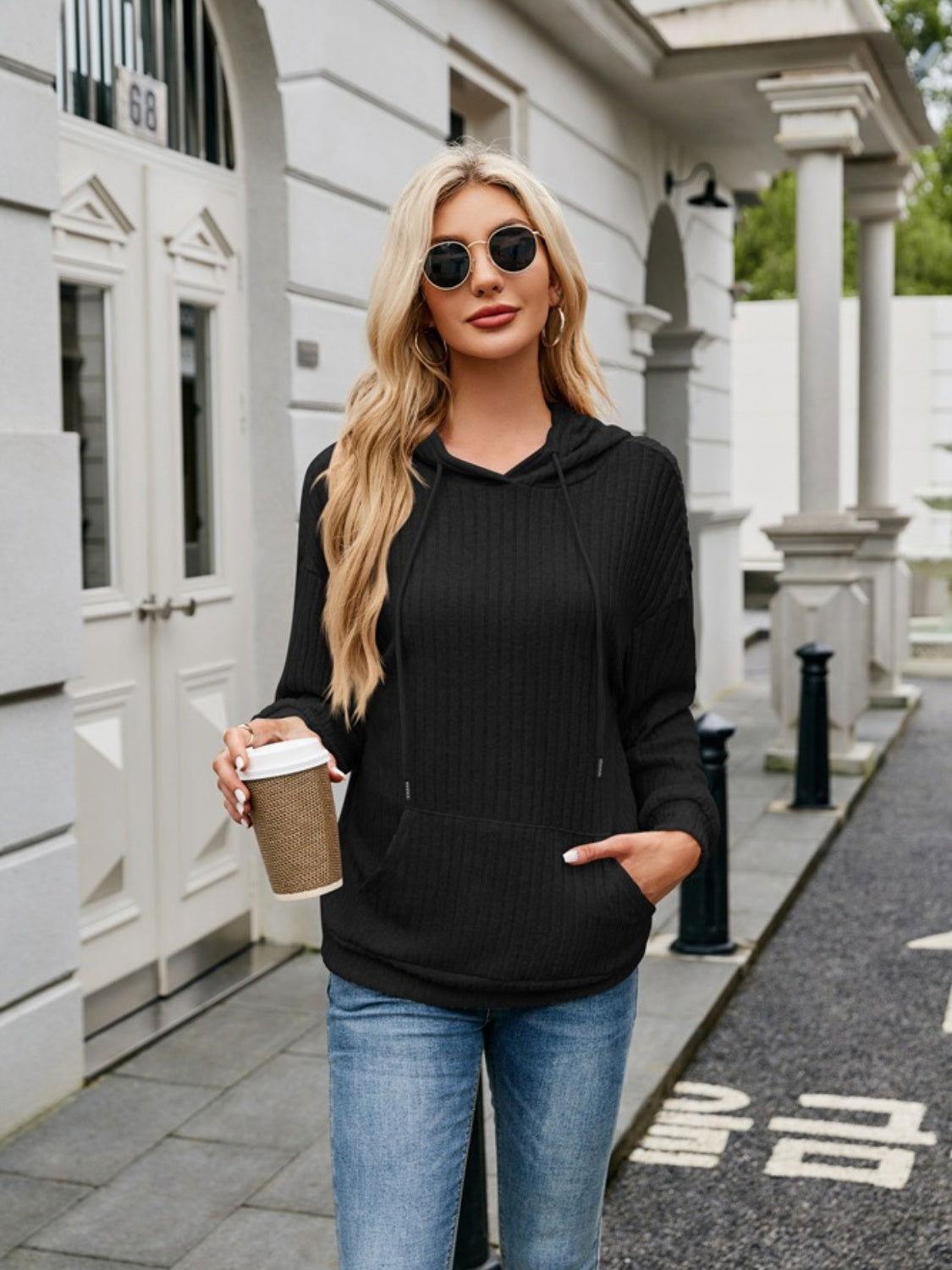 Ribbed Drawstring Long Sleeve Hoodie - Clothes For Her Online Store