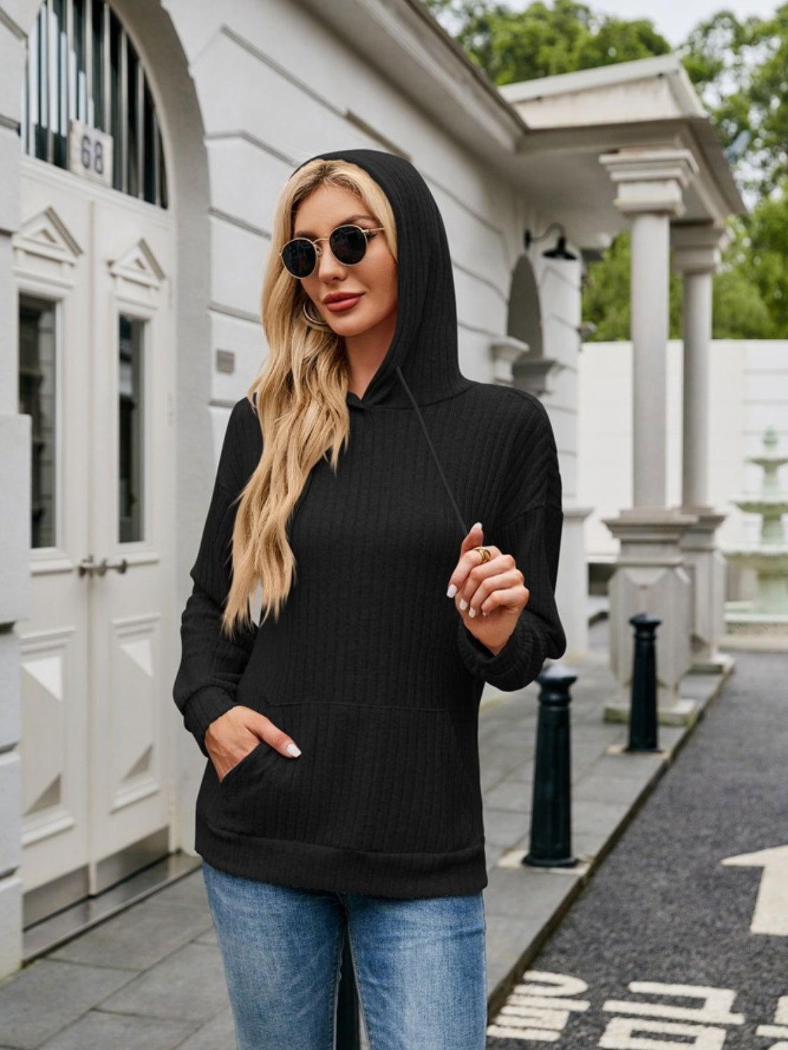 Ribbed Drawstring Long Sleeve Hoodie - Clothes For Her Online Store