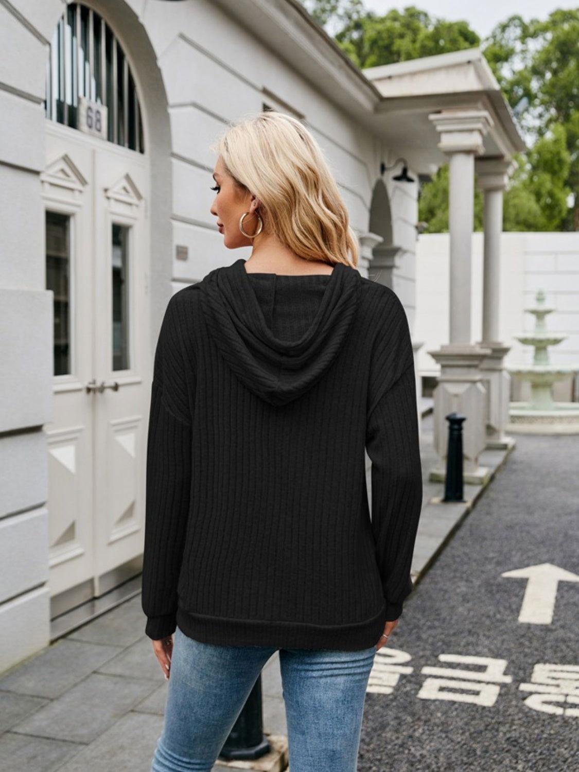 Ribbed Drawstring Long Sleeve Hoodie - Clothes For Her Online Store