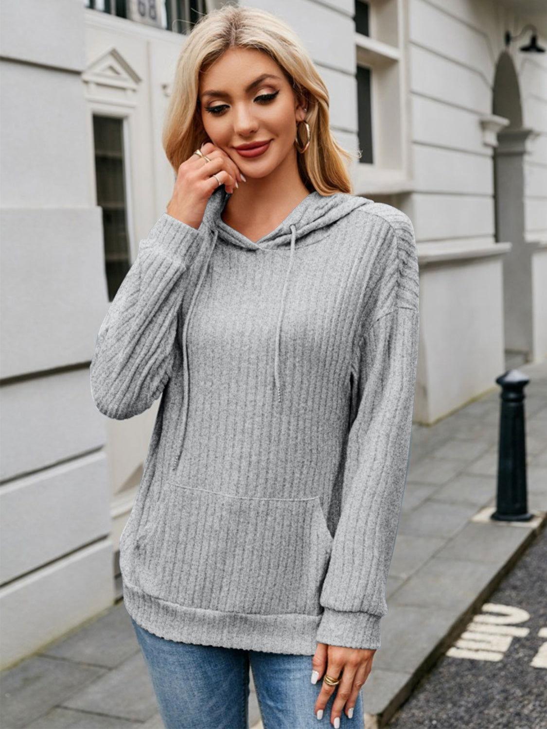 Ribbed Drawstring Long Sleeve Hoodie - Clothes For Her Online Store