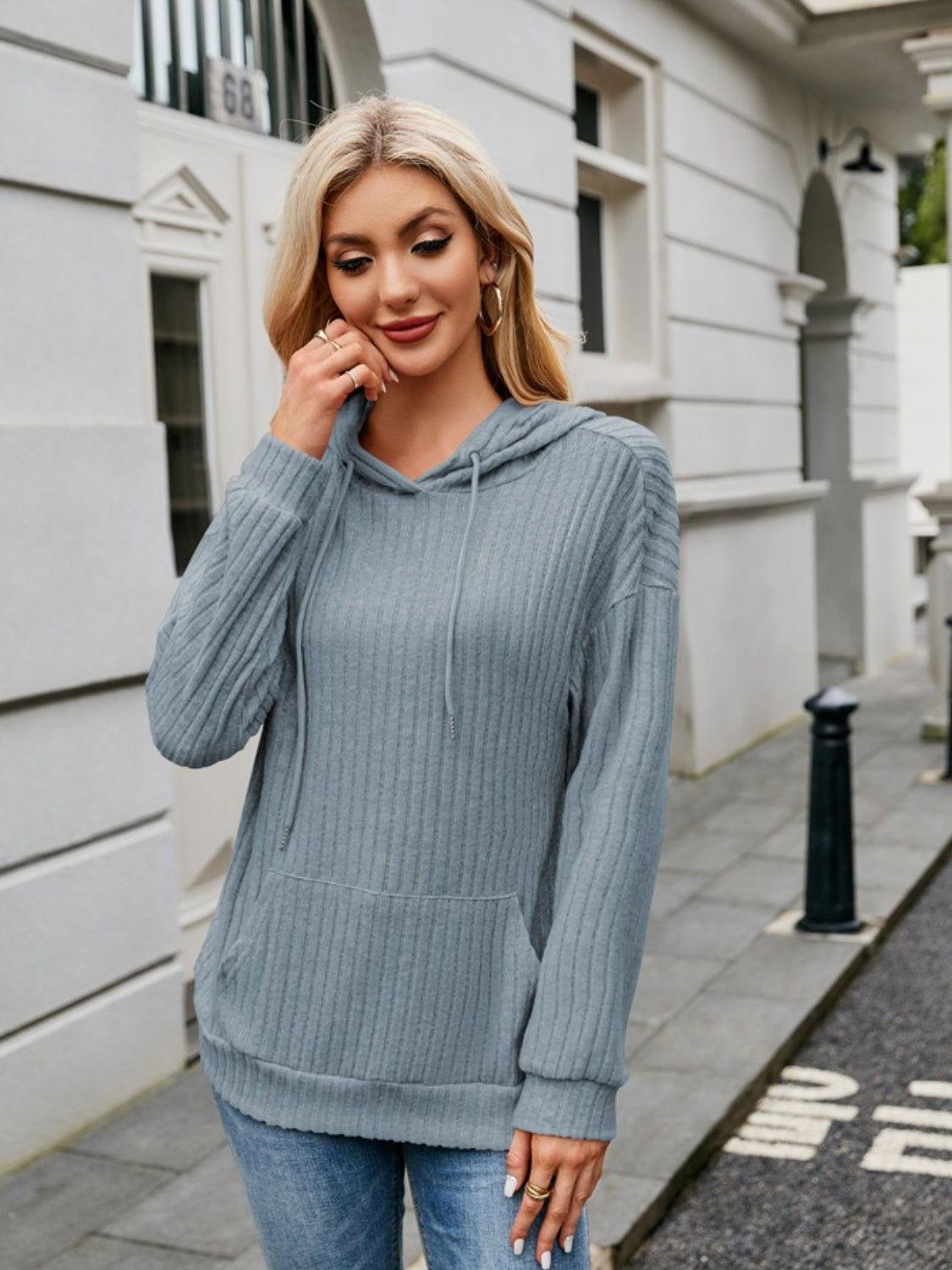 Ribbed Drawstring Long Sleeve Hoodie - Clothes For Her Online Store