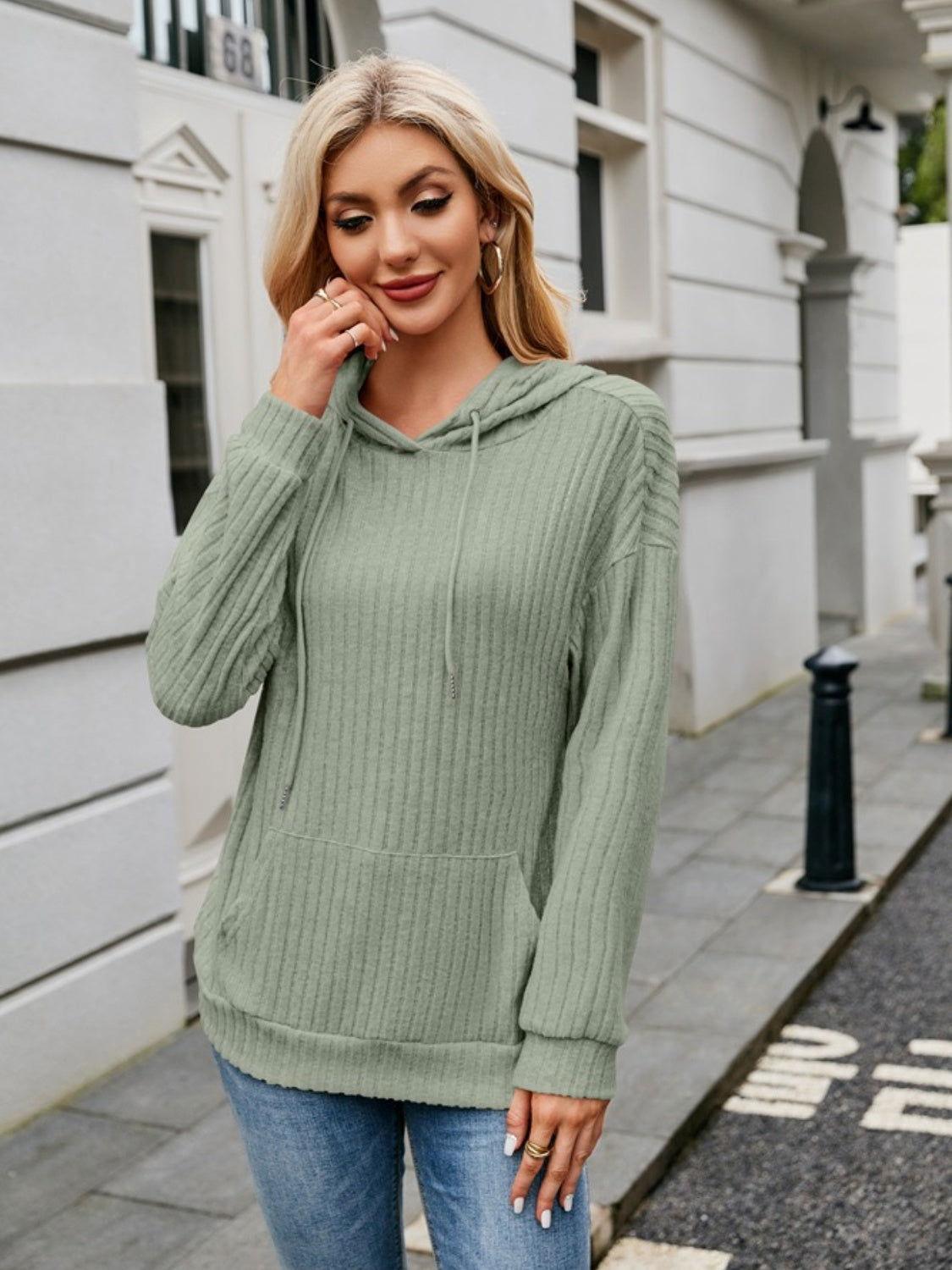 Ribbed Drawstring Long Sleeve Hoodie - Clothes For Her Online Store