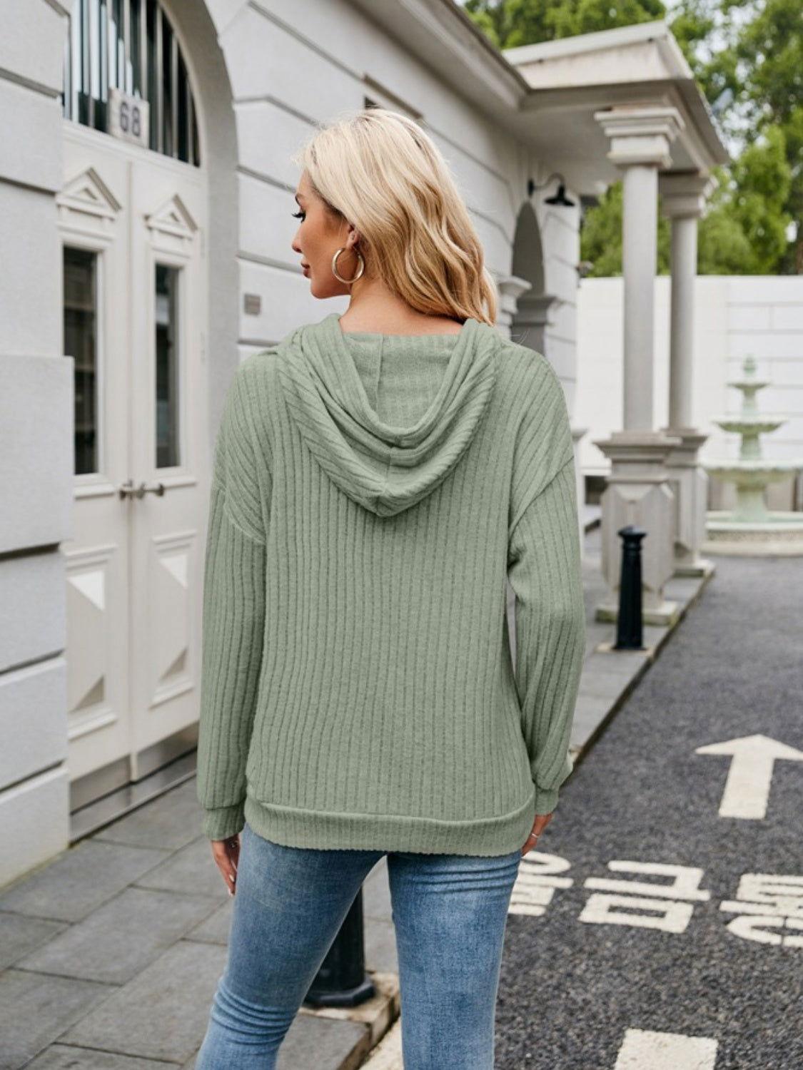Ribbed Drawstring Long Sleeve Hoodie - Clothes For Her Online Store