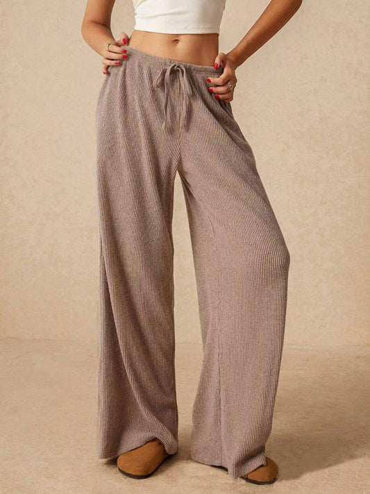 Ribbed Drawstring Wide Leg Pants - Clothes For Her Online Store