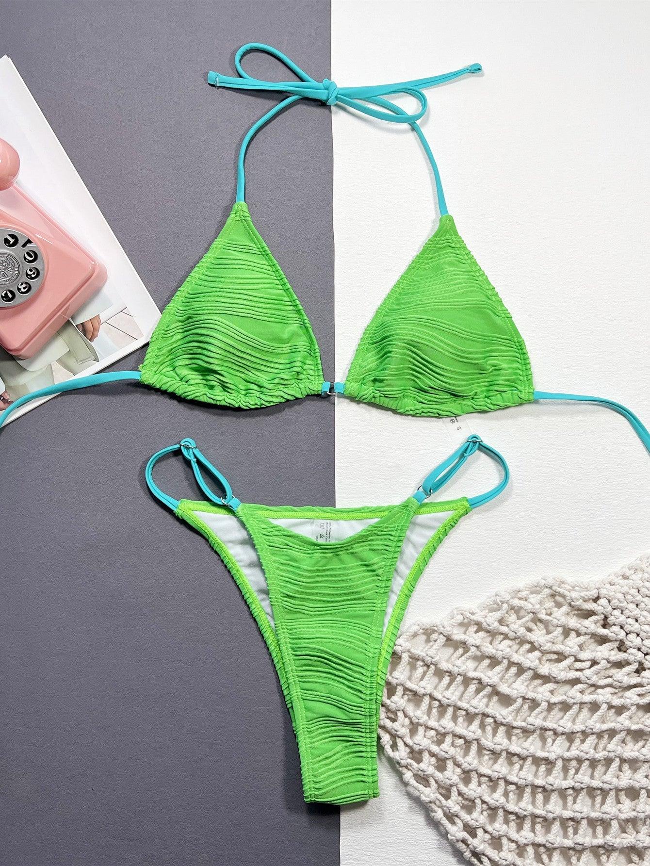 Ribbed Halter Neck Two-Piece Bikini Set - Clothes For Her Online Store