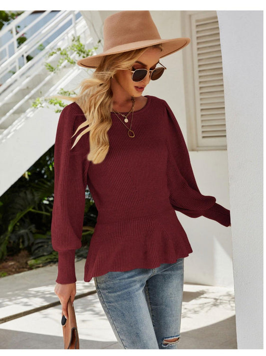 Ribbed Round Neck Lantern Sleeve Sweater - Clothes For Her Online Store