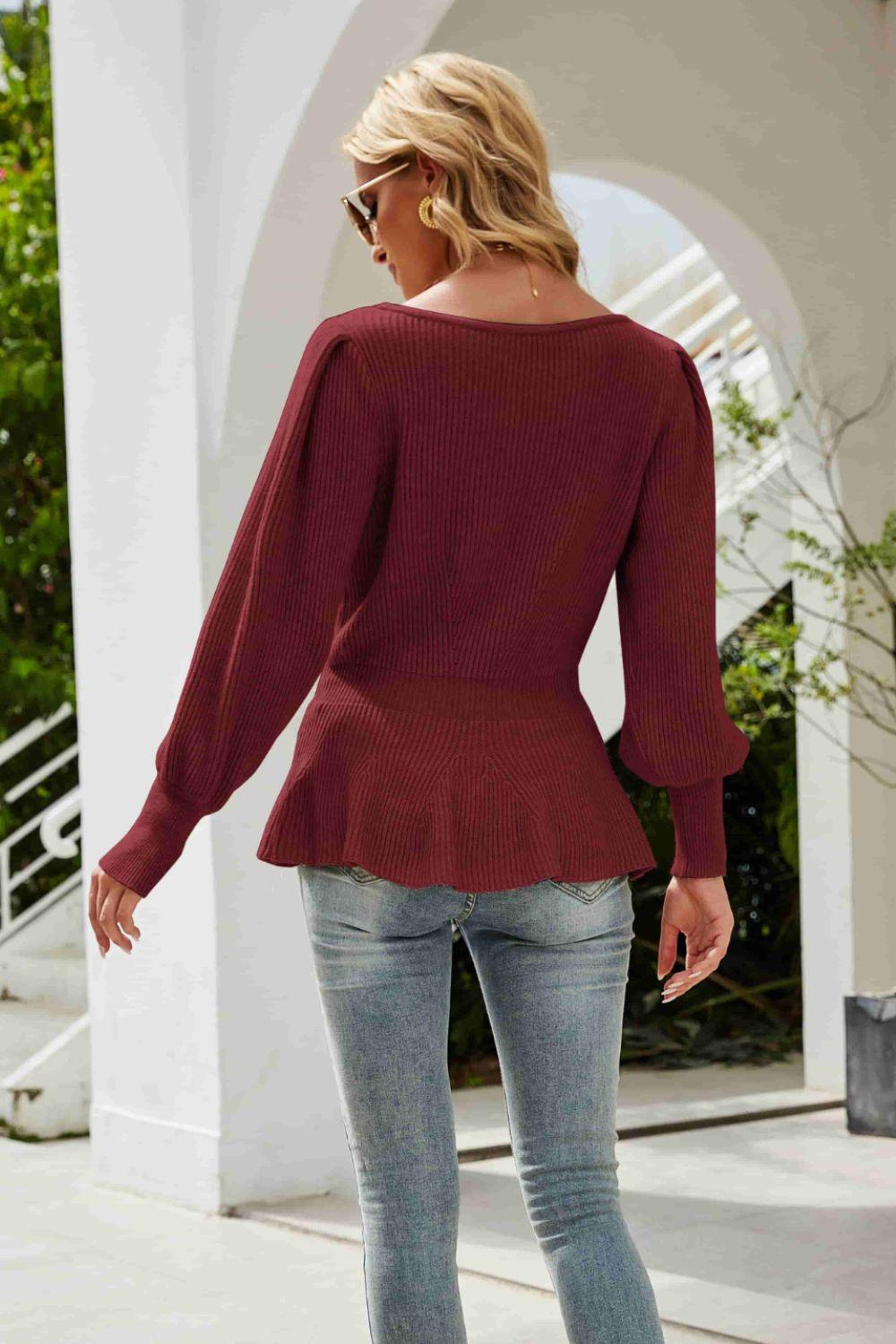 Ribbed Round Neck Lantern Sleeve Sweater - Clothes For Her Online Store
