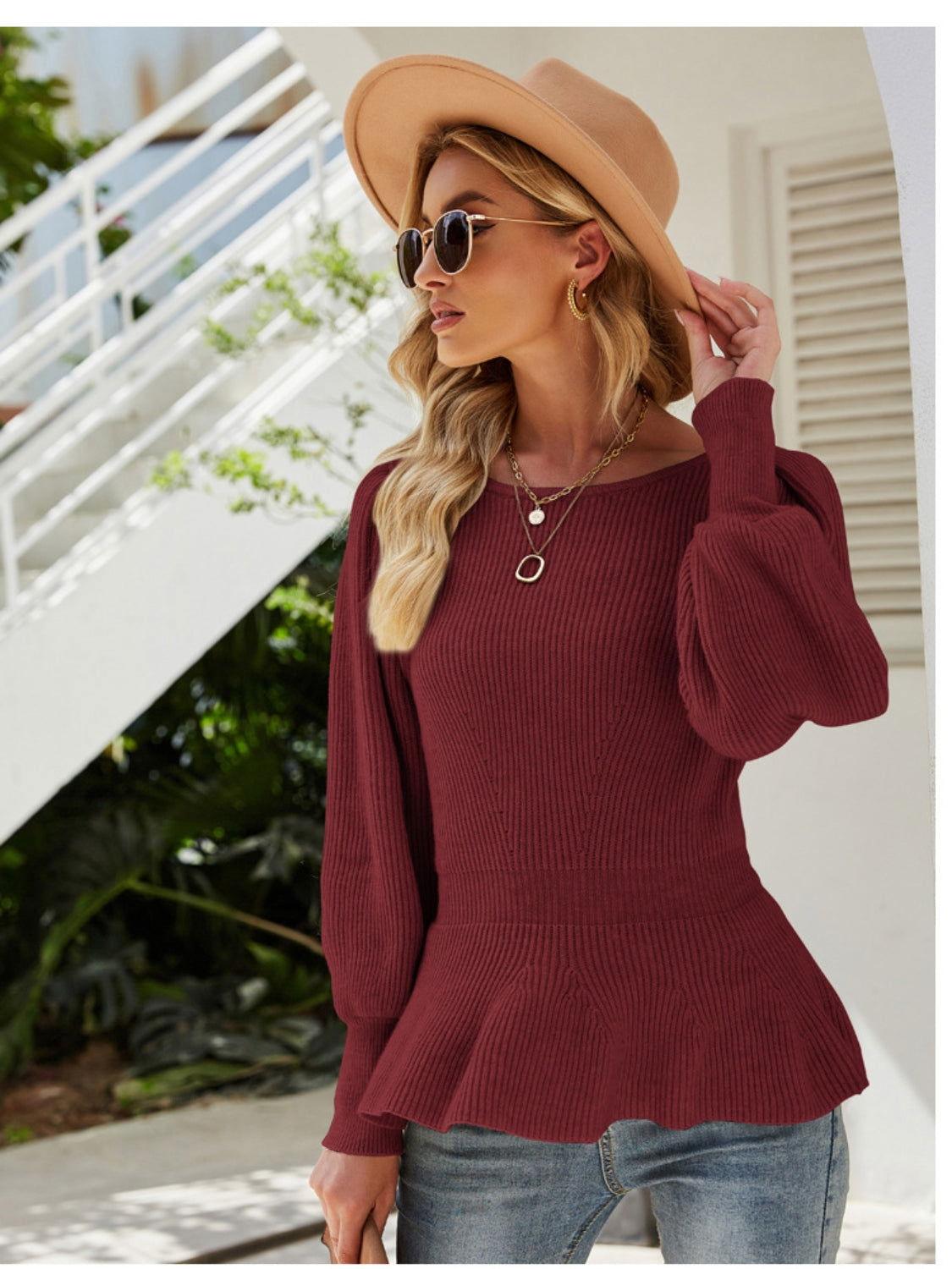 Ribbed Round Neck Lantern Sleeve Sweater - Clothes For Her Online Store