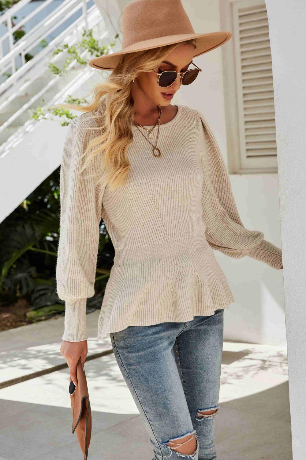 Ribbed Round Neck Lantern Sleeve Sweater - Clothes For Her Online Store