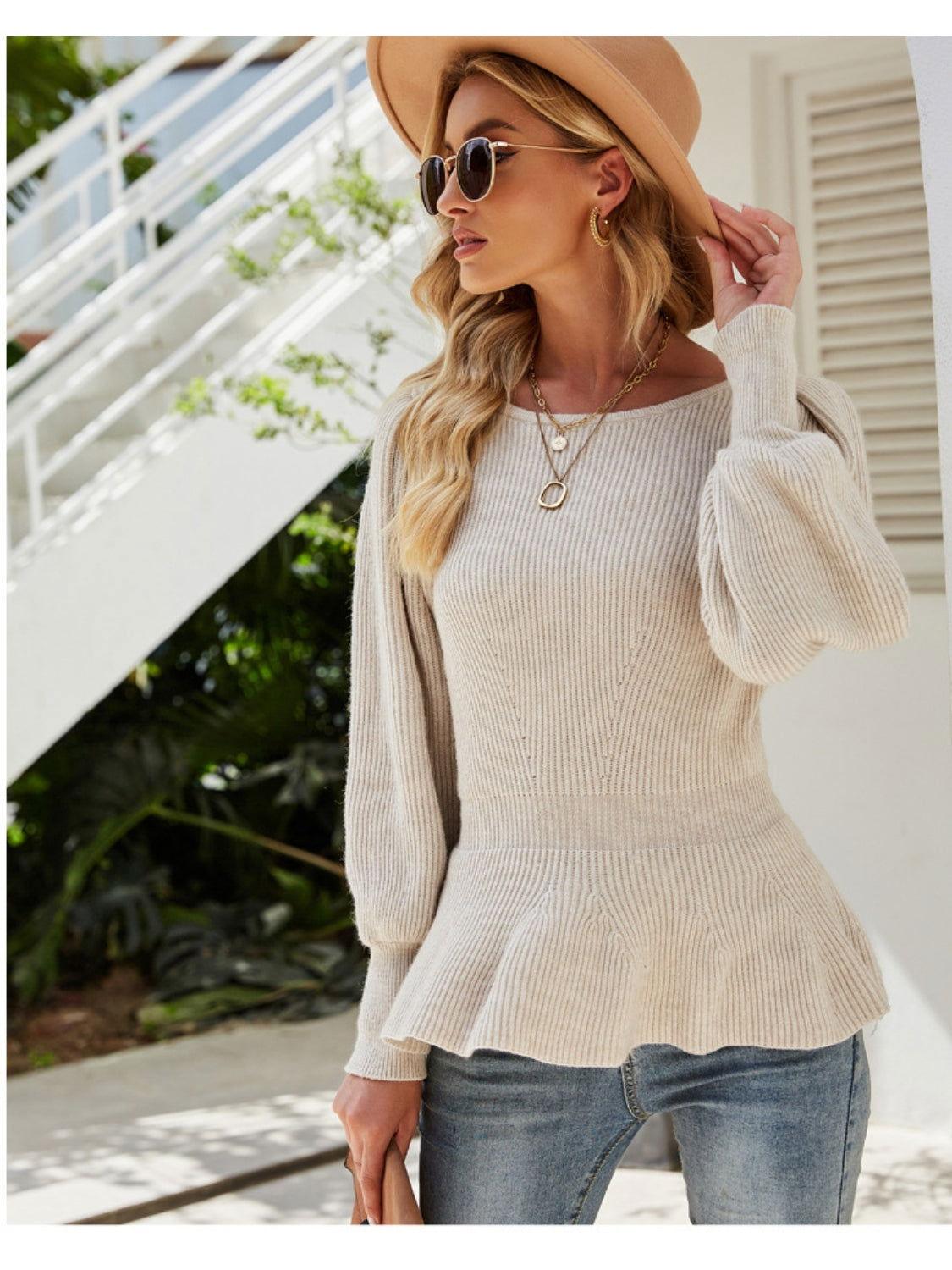 Ribbed Round Neck Lantern Sleeve Sweater - Clothes For Her Online Store