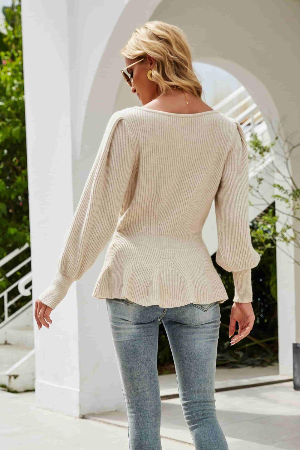 Ribbed Round Neck Lantern Sleeve Sweater - Clothes For Her Online Store