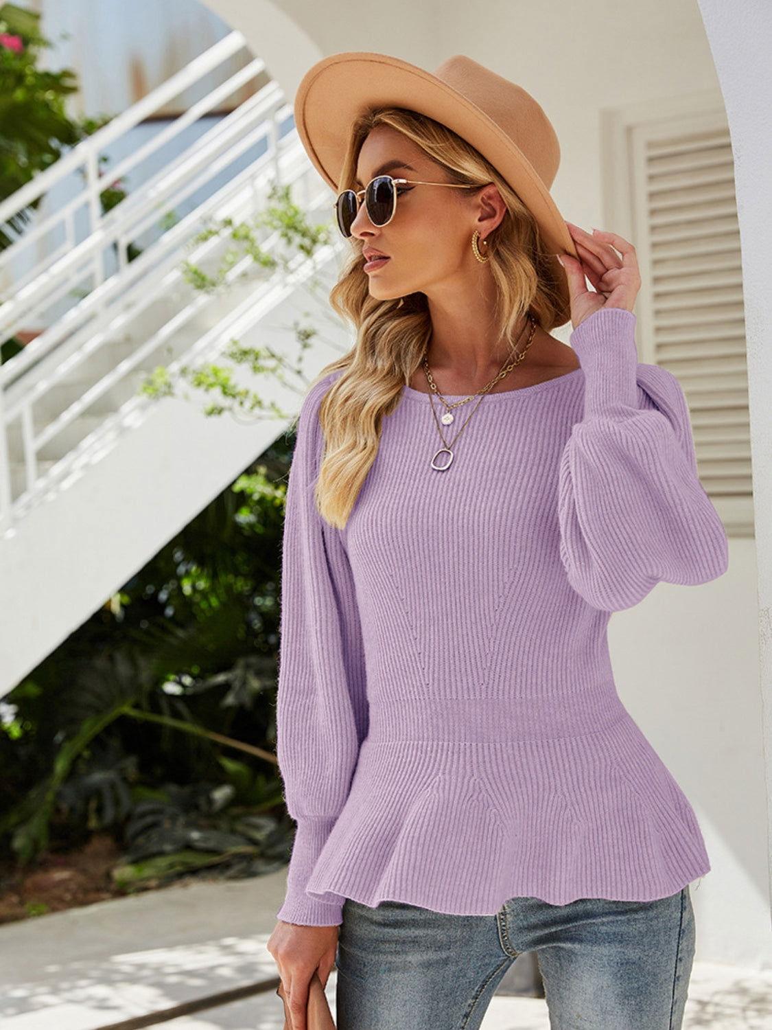 Ribbed Round Neck Lantern Sleeve Sweater - Clothes For Her Online Store