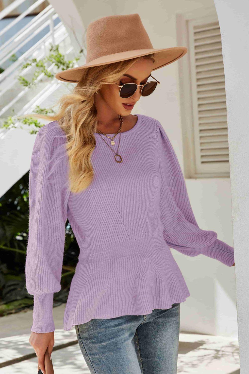 Ribbed Round Neck Lantern Sleeve Sweater - Clothes For Her Online Store