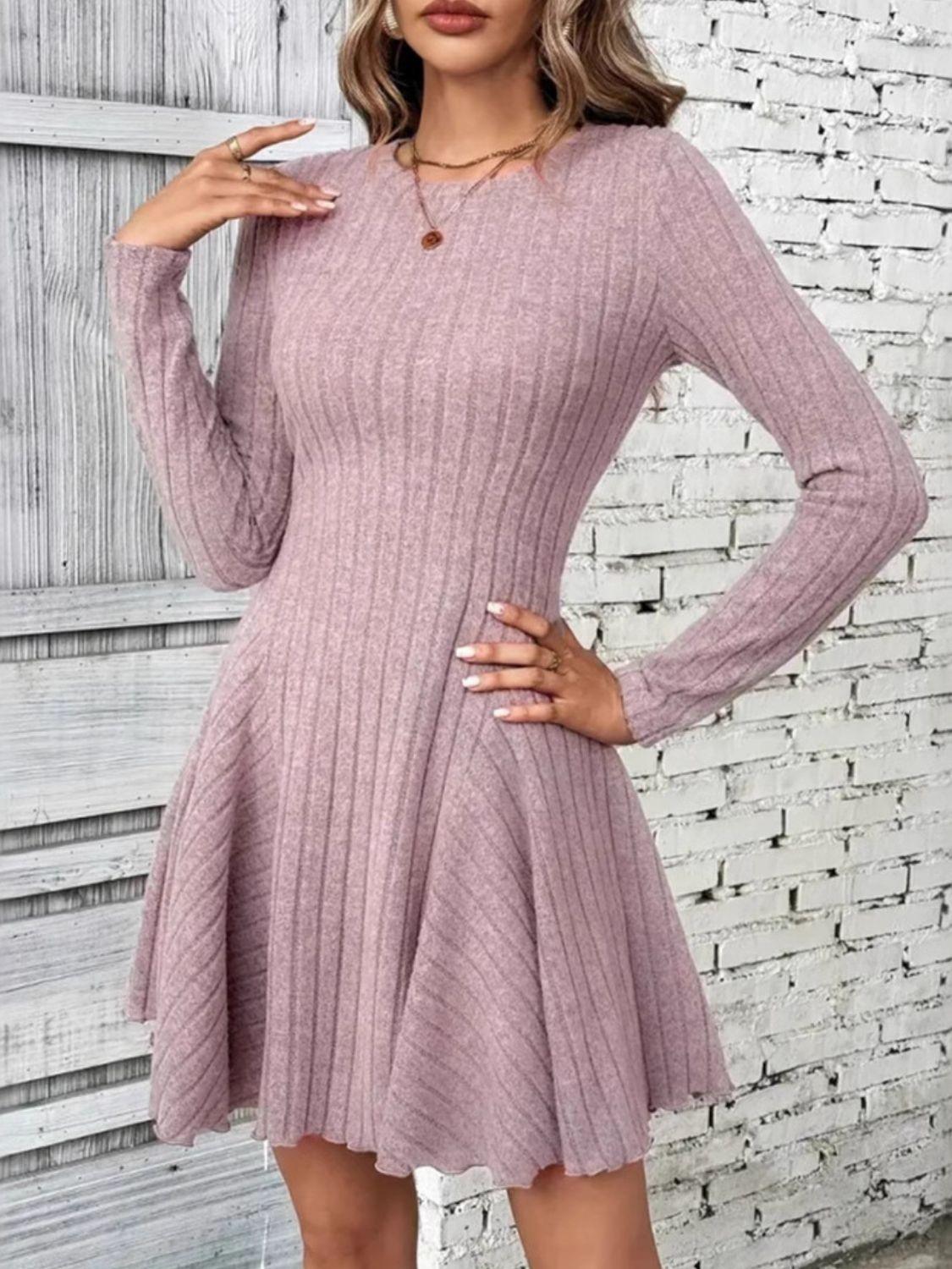 Ribbed Round Neck Long Sleeve Mini Dress - Clothes For Her Online Store