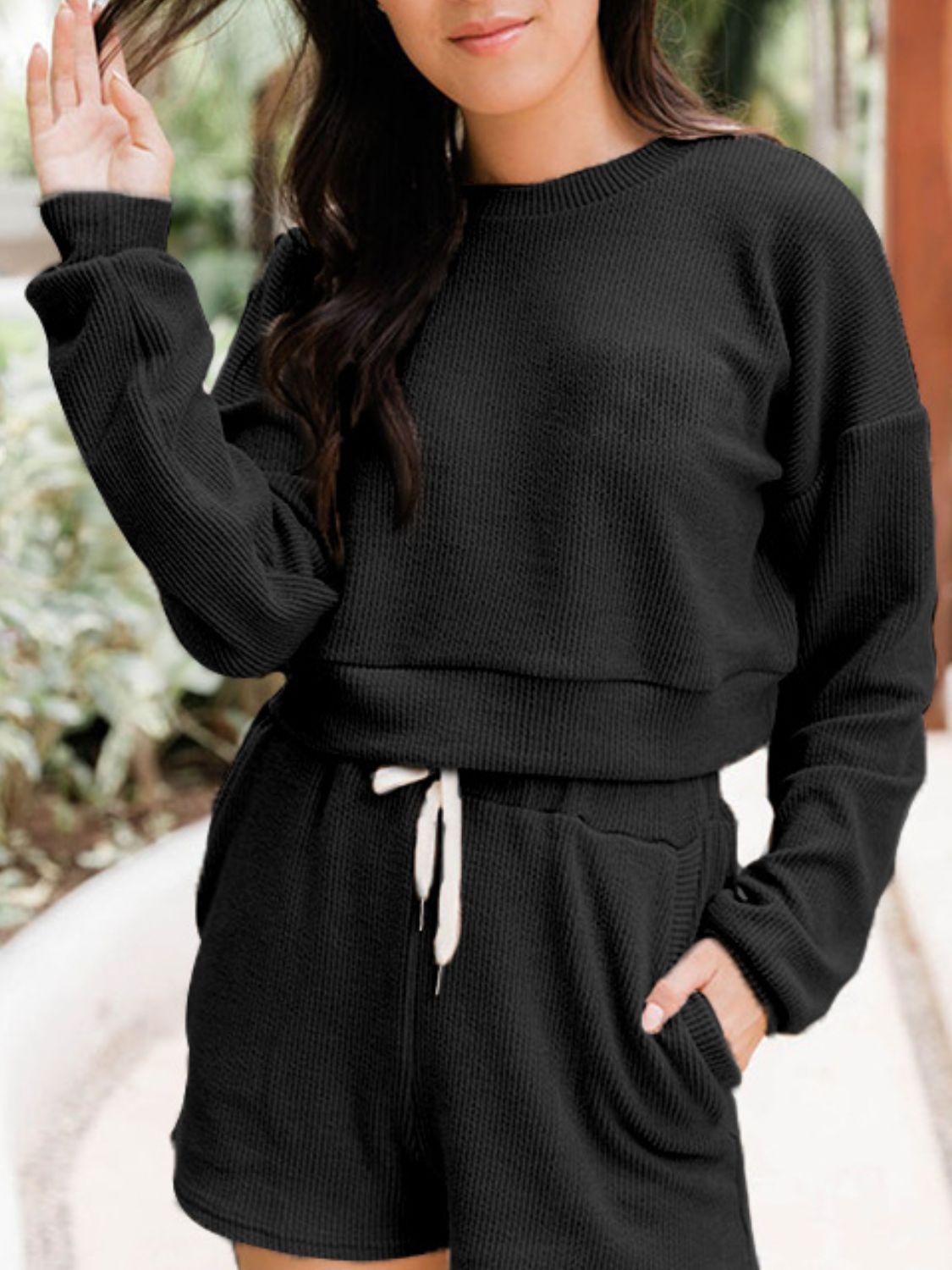 Ribbed Round Neck Long Sleeve Top and Shorts Set - Clothes For Her Online Store