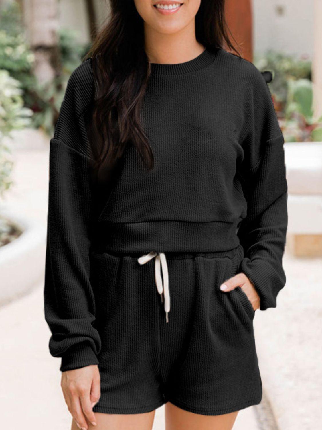 Ribbed Round Neck Long Sleeve Top and Shorts Set - Clothes For Her Online Store