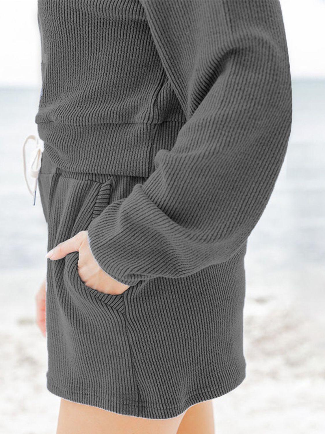 Ribbed Round Neck Long Sleeve Top and Shorts Set - Clothes For Her Online Store