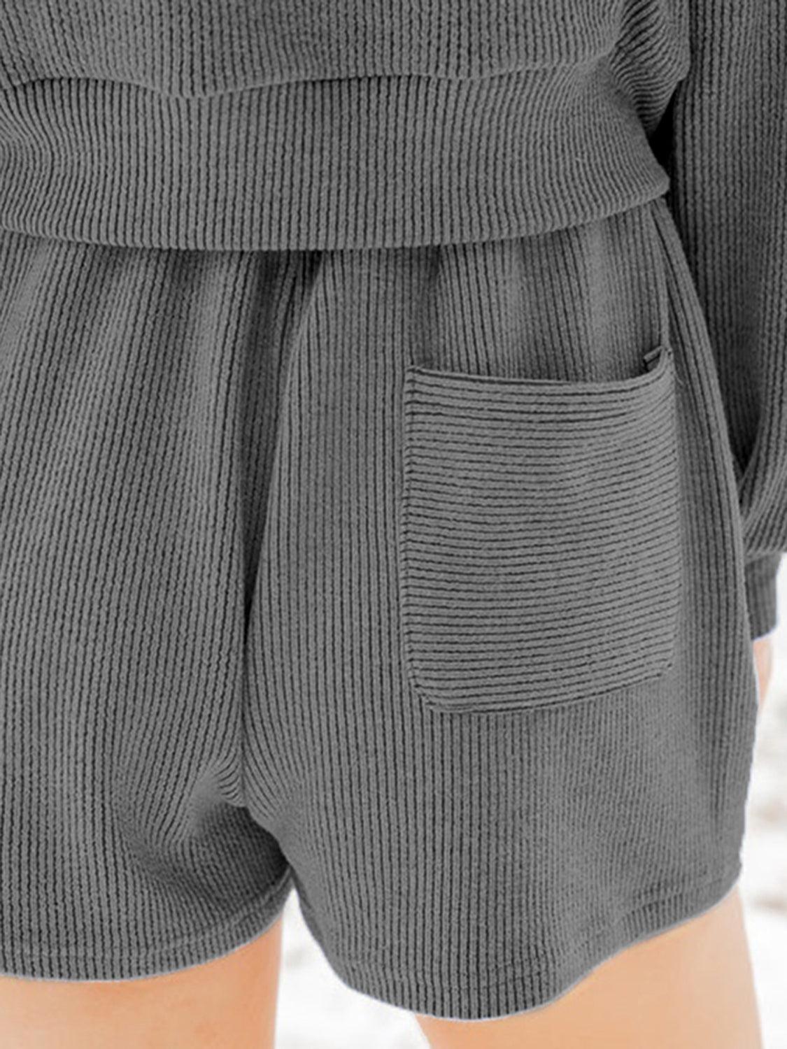 Ribbed Round Neck Long Sleeve Top and Shorts Set - Clothes For Her Online Store
