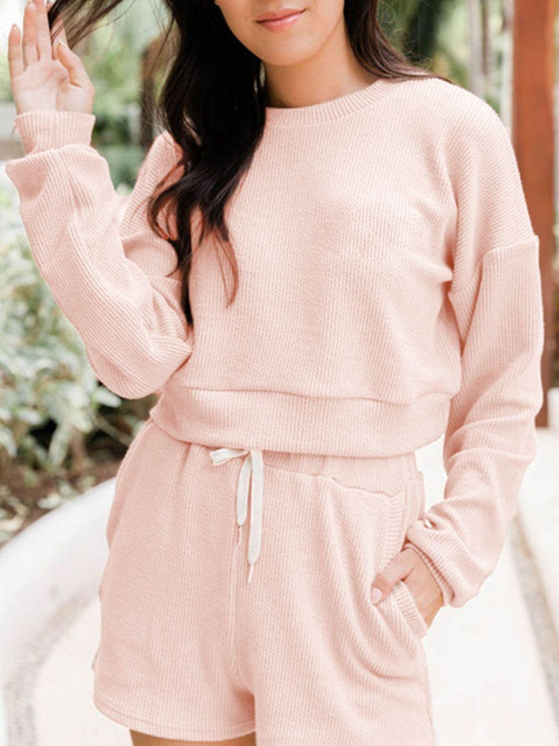 Ribbed Round Neck Long Sleeve Top and Shorts Set - Clothes For Her Online Store