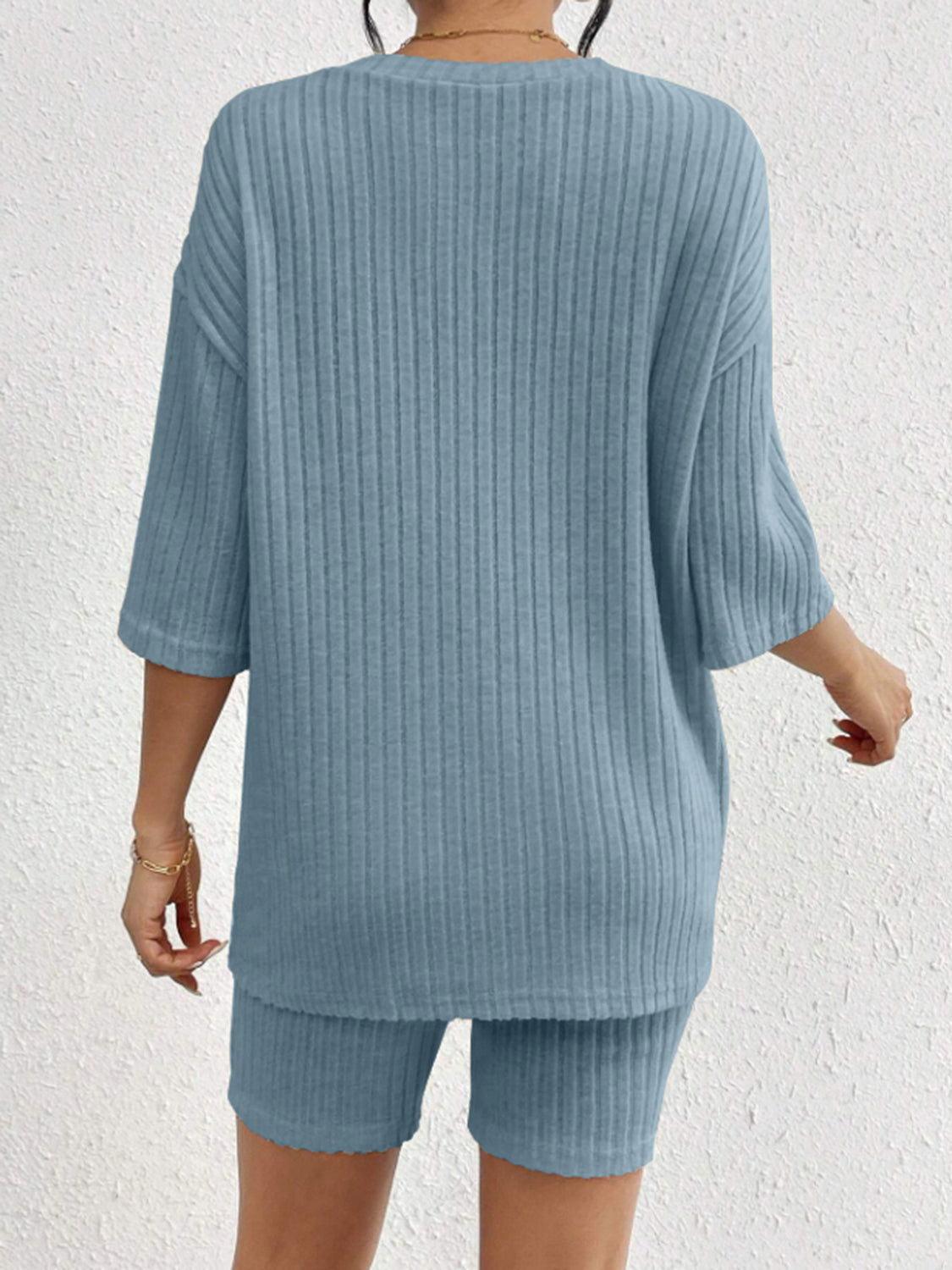 Ribbed Round Neck Top and Shorts Set - Clothes For Her Online Store