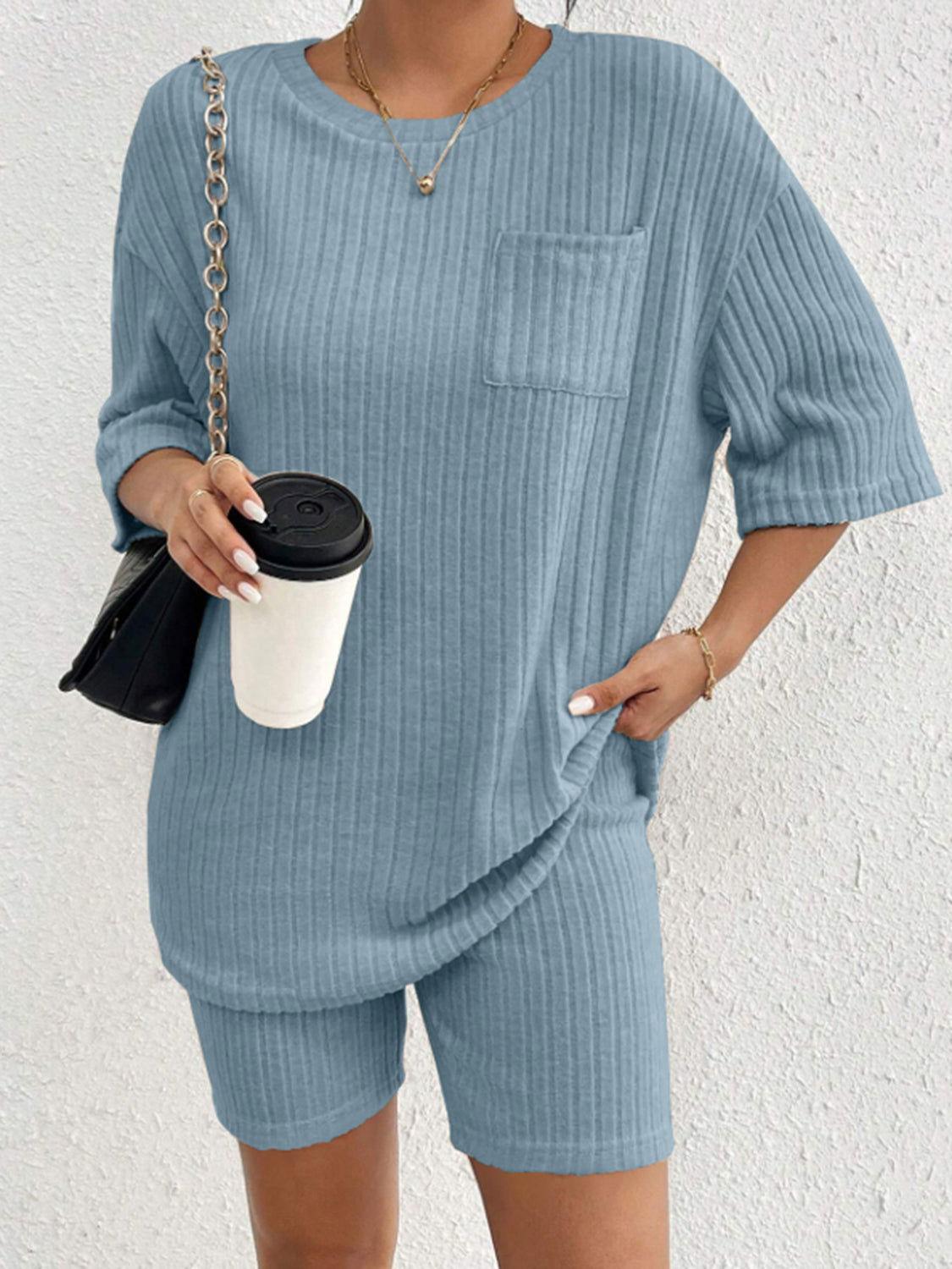 Ribbed Round Neck Top and Shorts Set - Clothes For Her Online Store