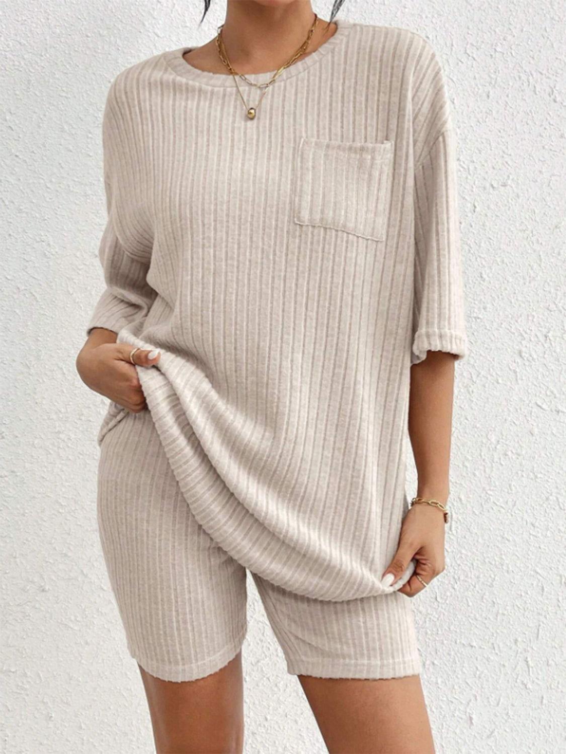 Ribbed Round Neck Top and Shorts Set - Clothes For Her Online Store