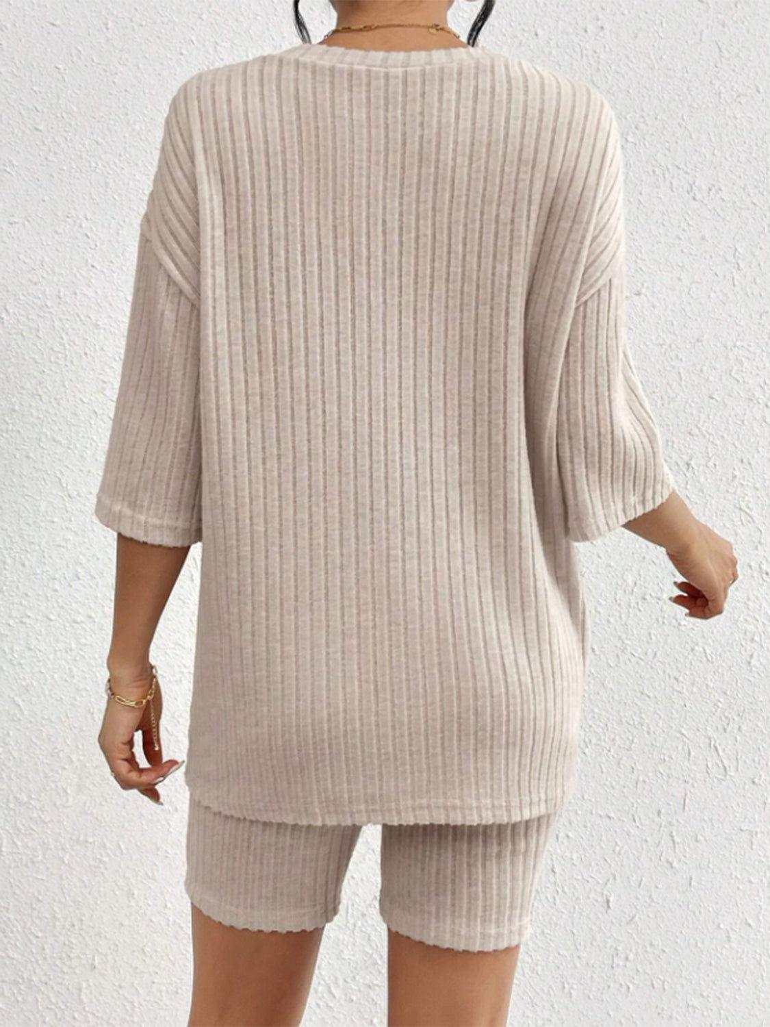 Ribbed Round Neck Top and Shorts Set - Clothes For Her Online Store
