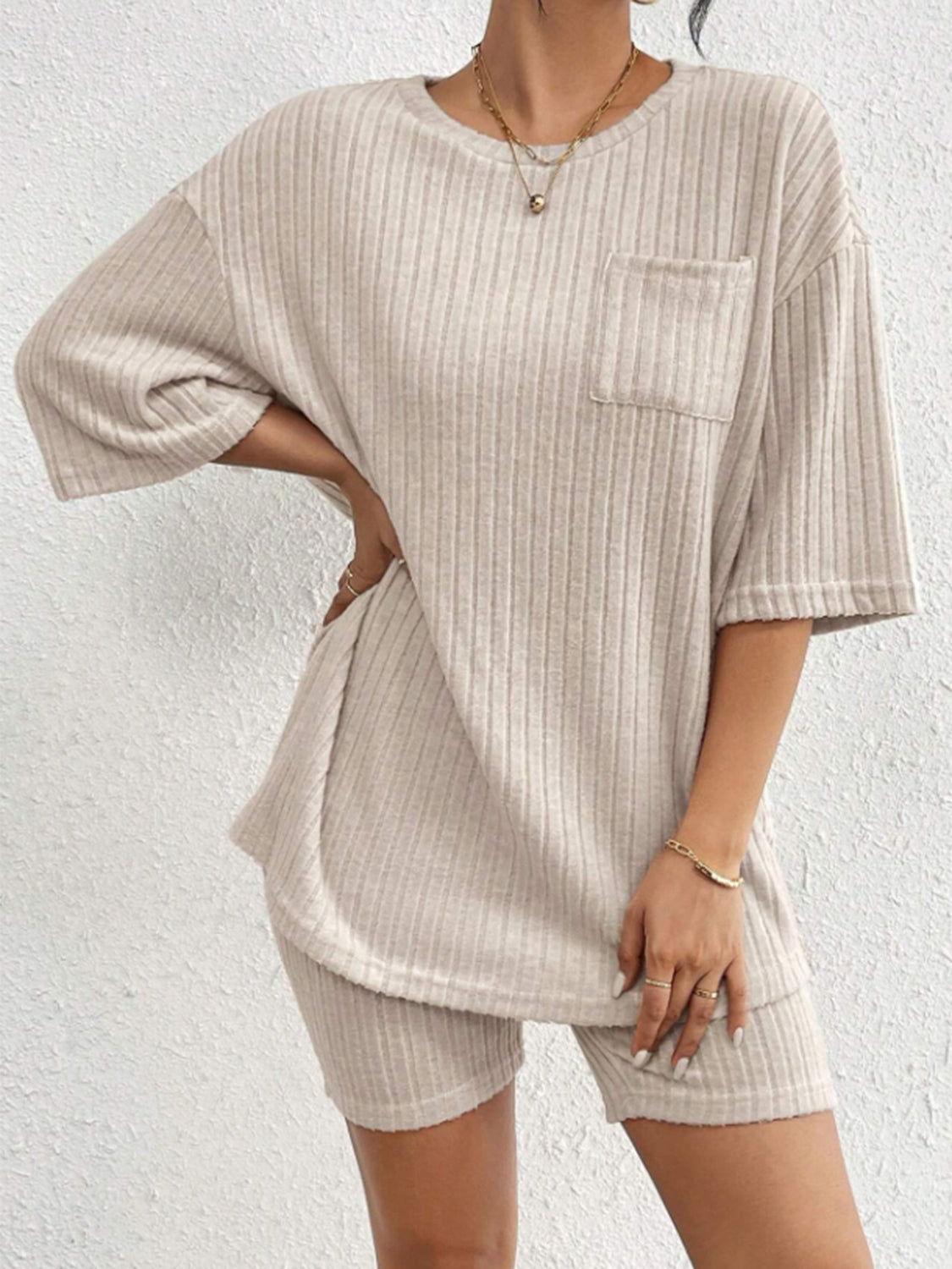 Ribbed Round Neck Top and Shorts Set - Clothes For Her Online Store